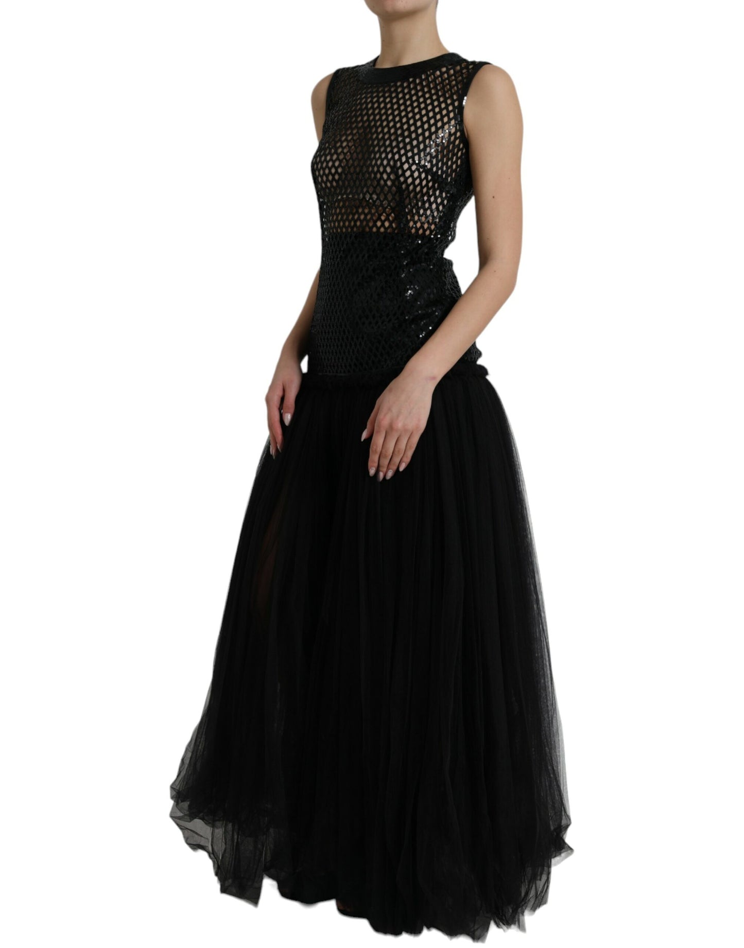 Robe longue noire à paillettes et manches superposées en maille Dolce & Gabbana
