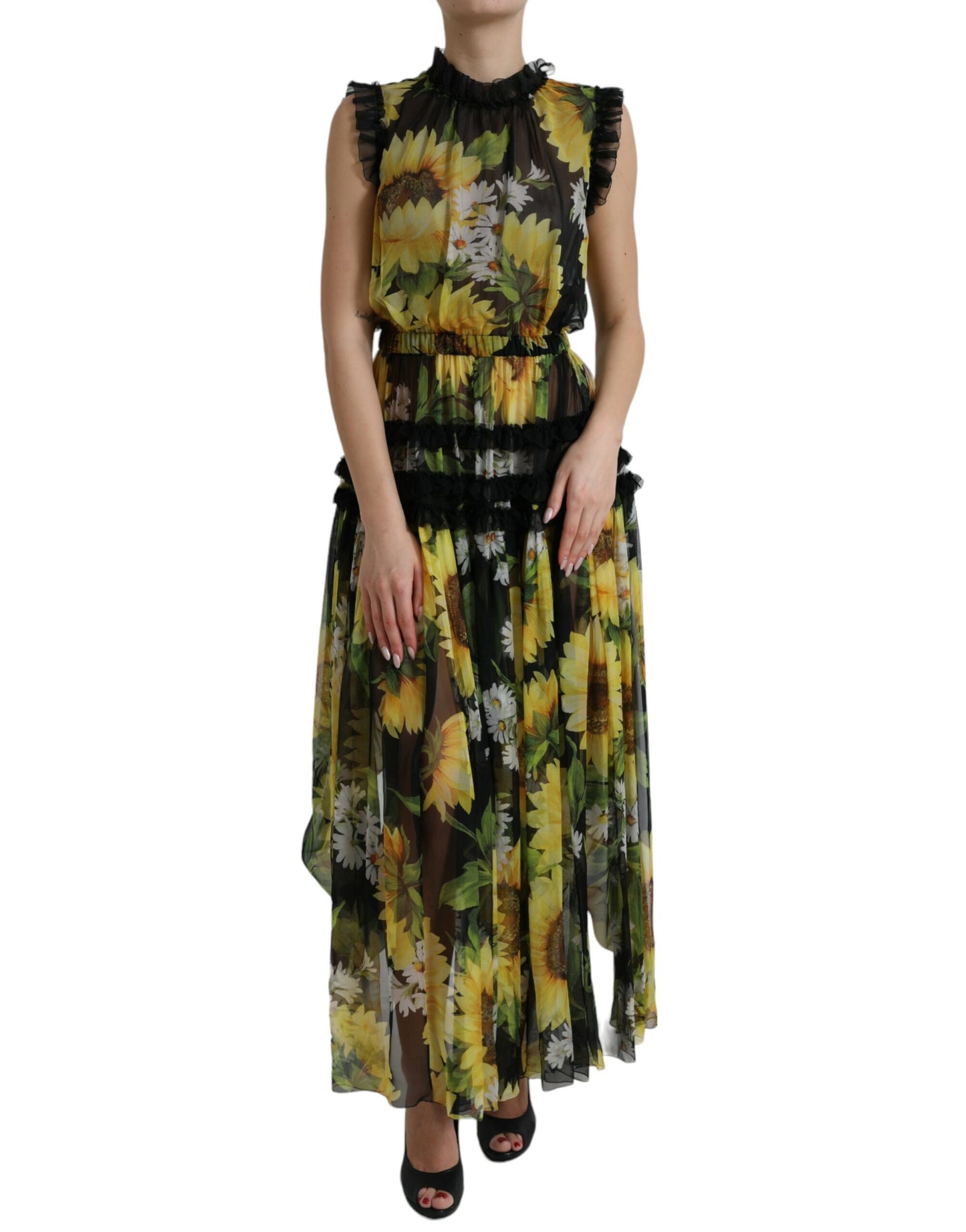 Robe longue plissée noire à imprimé tournesol Dolce & Gabbana