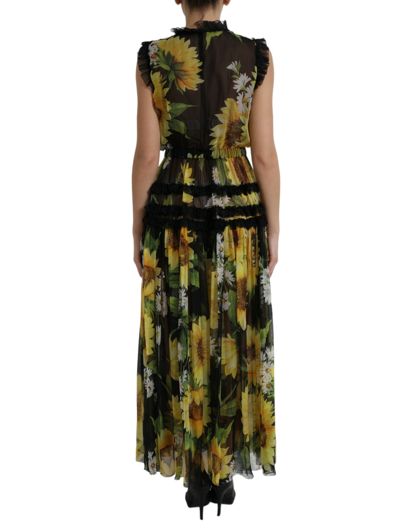 Robe longue plissée noire à imprimé tournesol Dolce & Gabbana