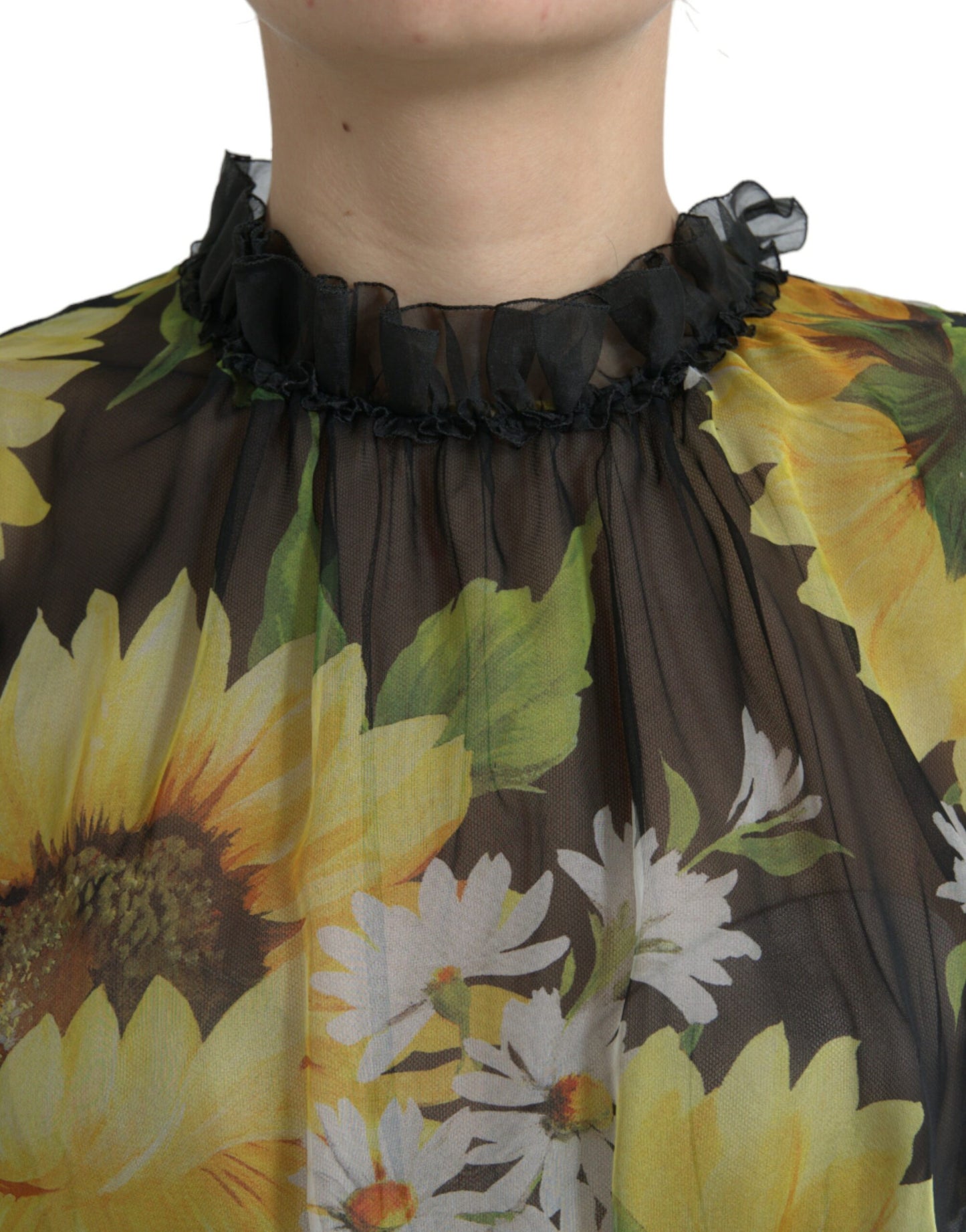 Robe longue plissée noire à imprimé tournesol Dolce & Gabbana