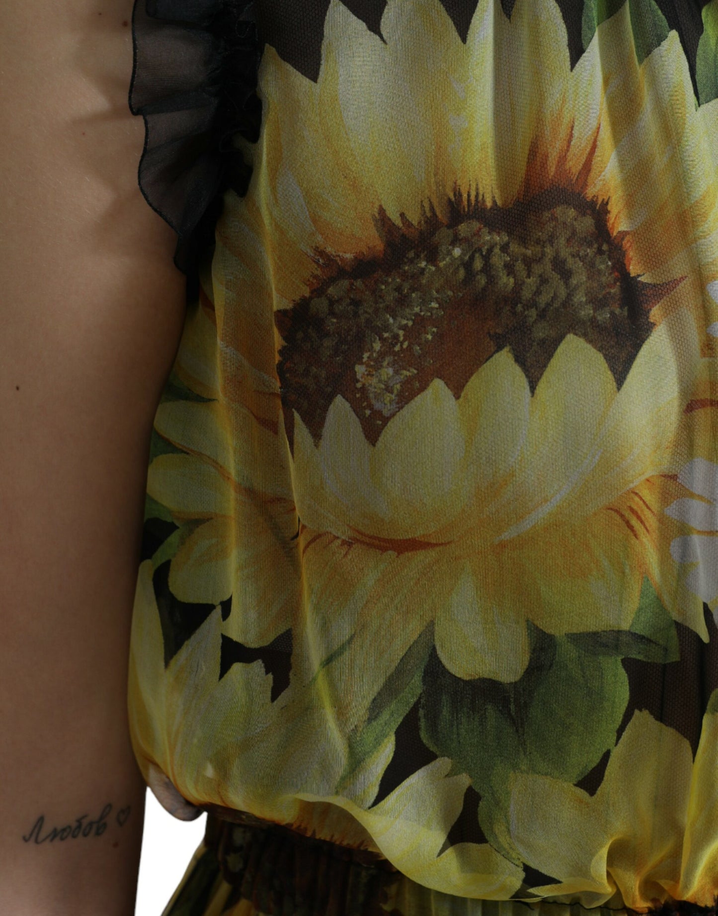 Robe longue plissée noire à imprimé tournesol Dolce & Gabbana