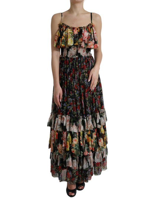Dolce & Gabbana – Mehrfarbiges, gestuftes Maxikleid aus Chiffon mit Blumenmuster