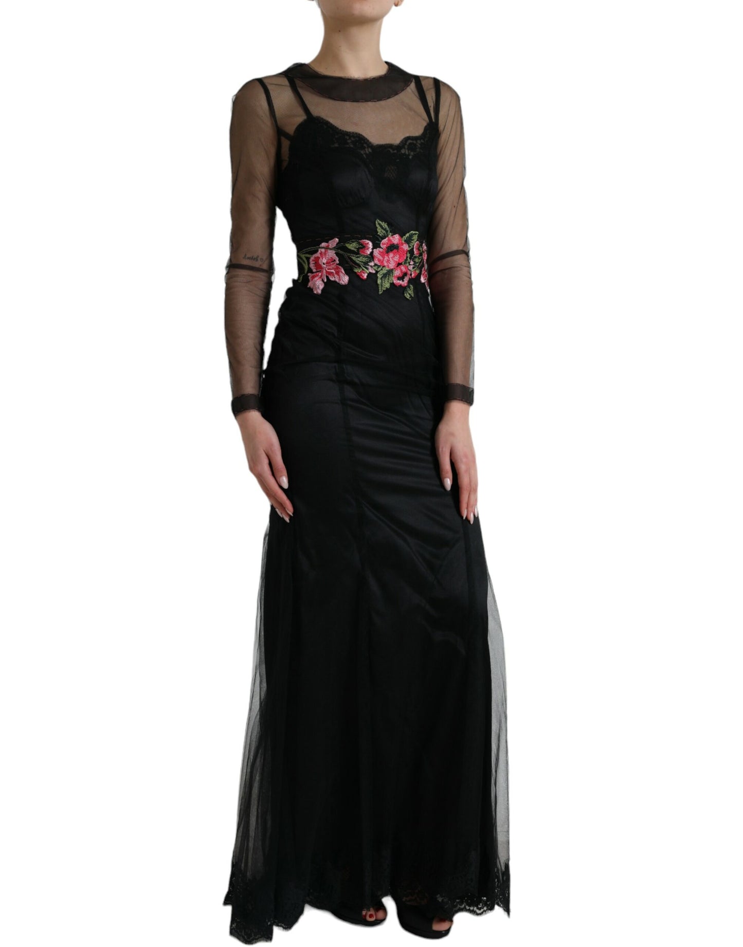 Robe longue en tulle et maille brodée de fleurs noires Dolce & Gabbana
