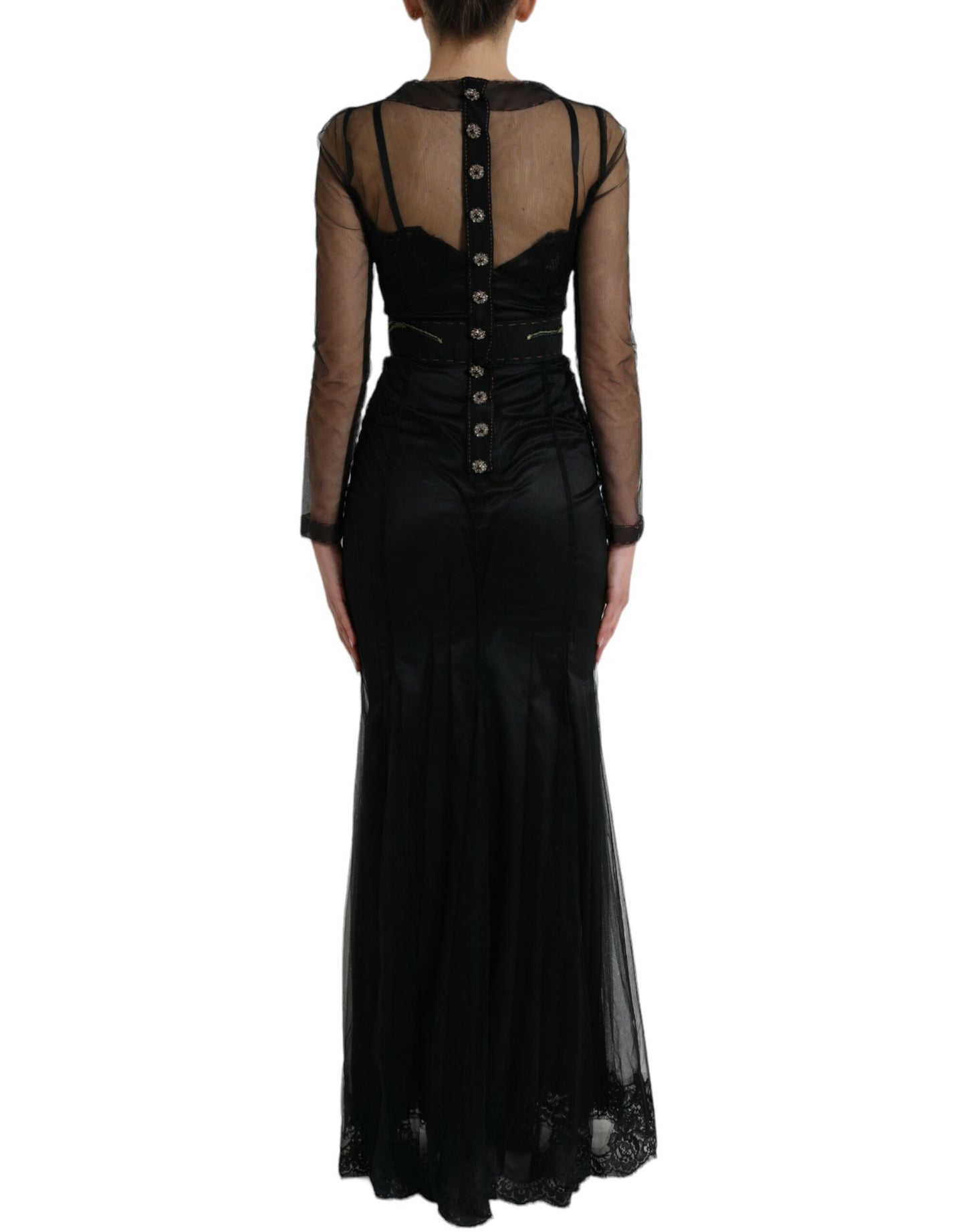 Robe longue en tulle et maille brodée de fleurs noires Dolce & Gabbana