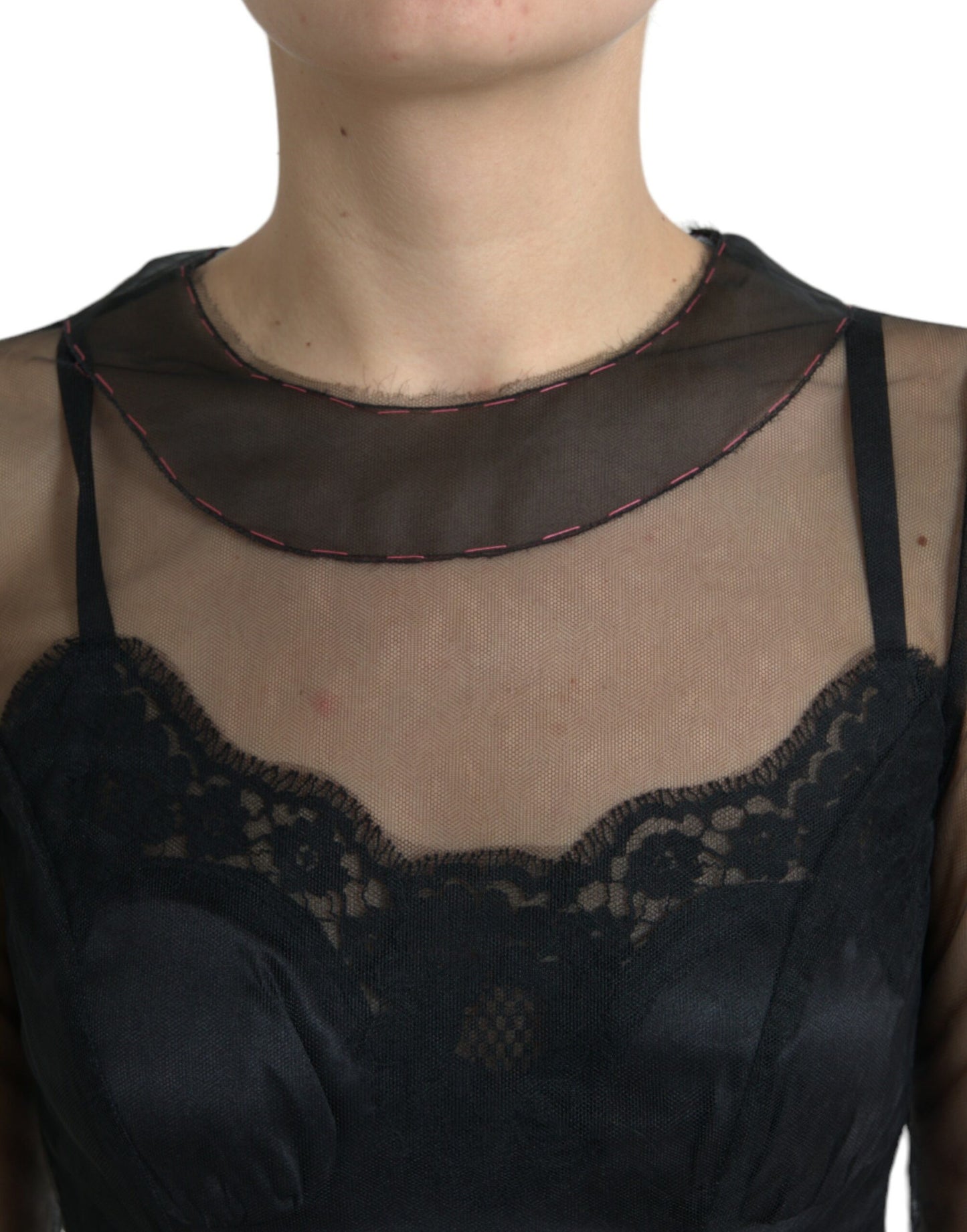 Robe longue en tulle et maille brodée de fleurs noires Dolce & Gabbana