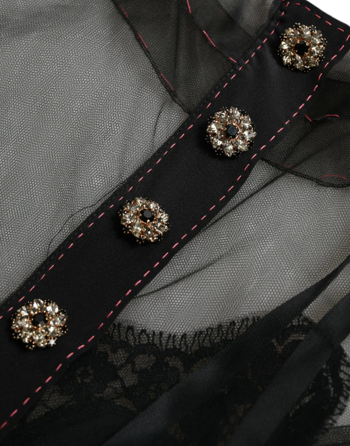 Robe longue en tulle et maille brodée de fleurs noires Dolce & Gabbana