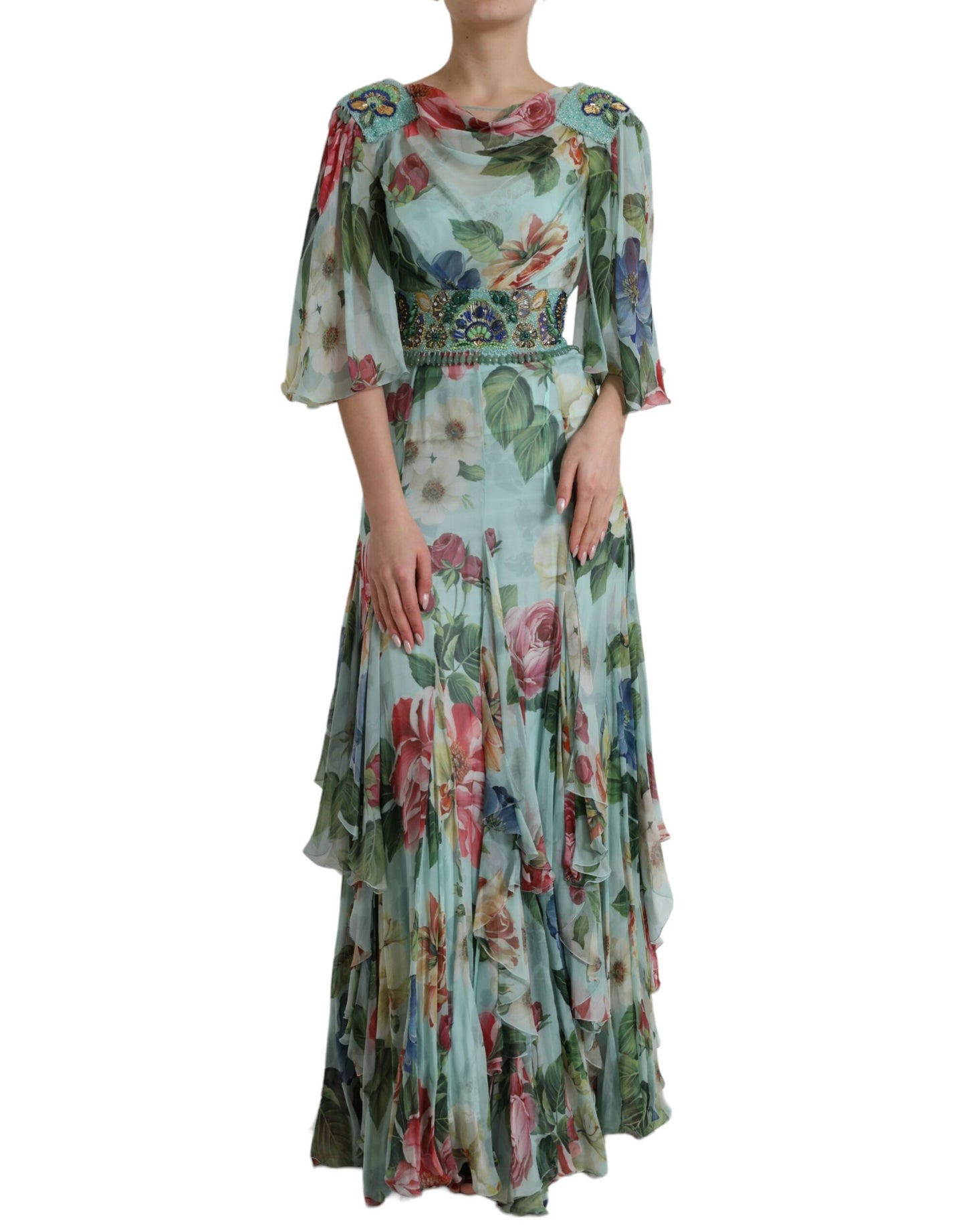 Robe longue à volants et imprimé floral bleu Dolce & Gabbana