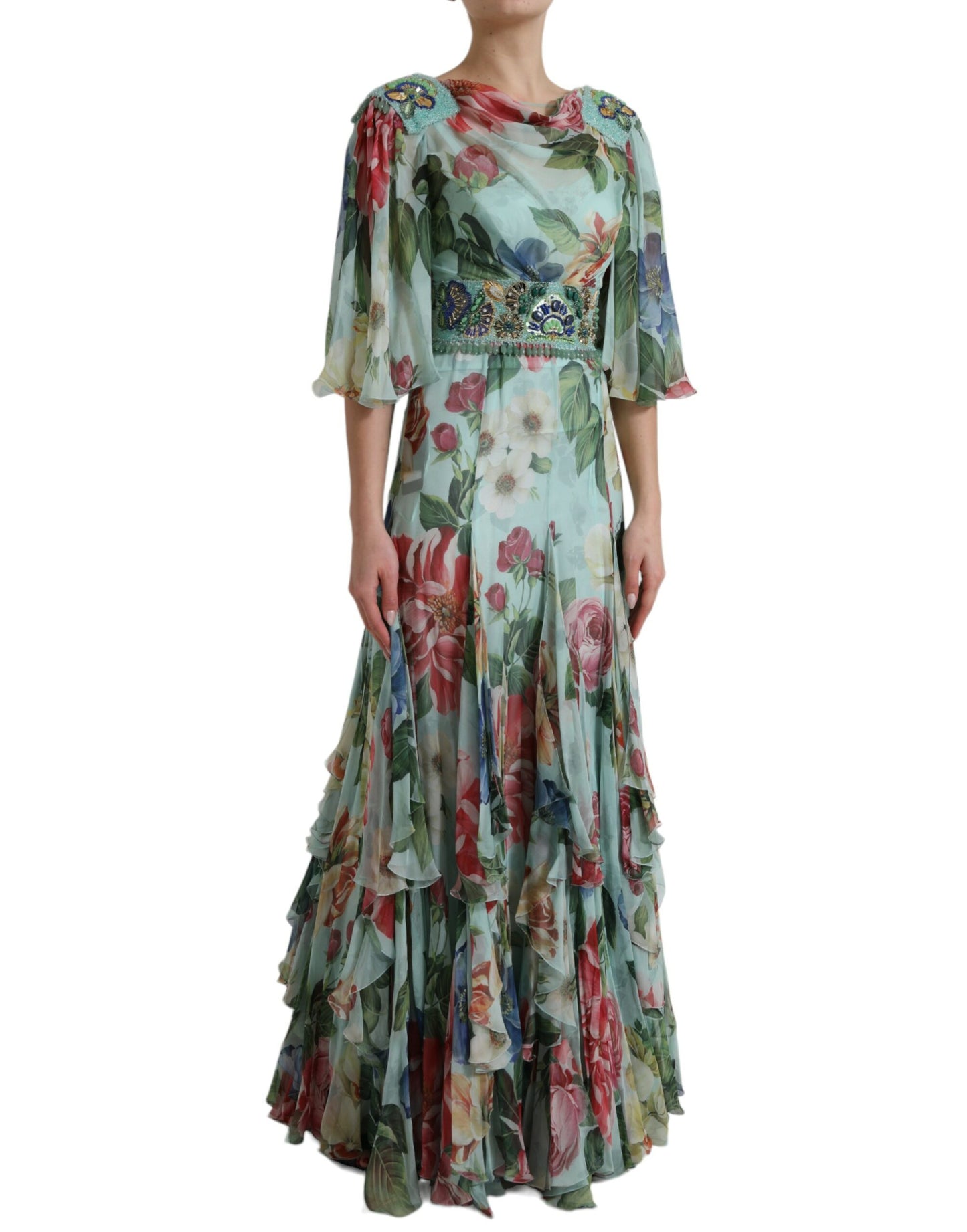 Robe longue à volants et imprimé floral bleu Dolce & Gabbana