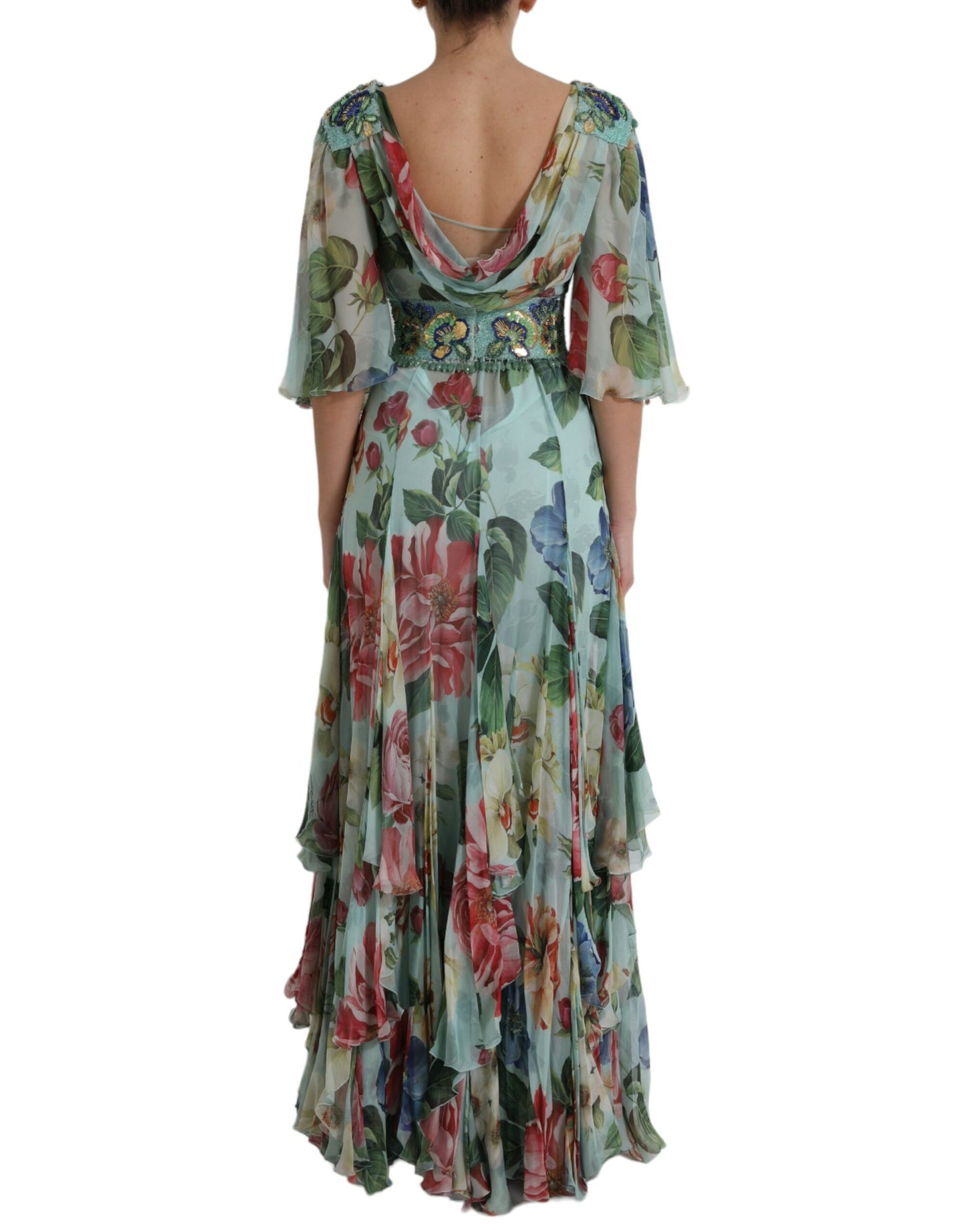 Robe longue à volants et imprimé floral bleu Dolce & Gabbana