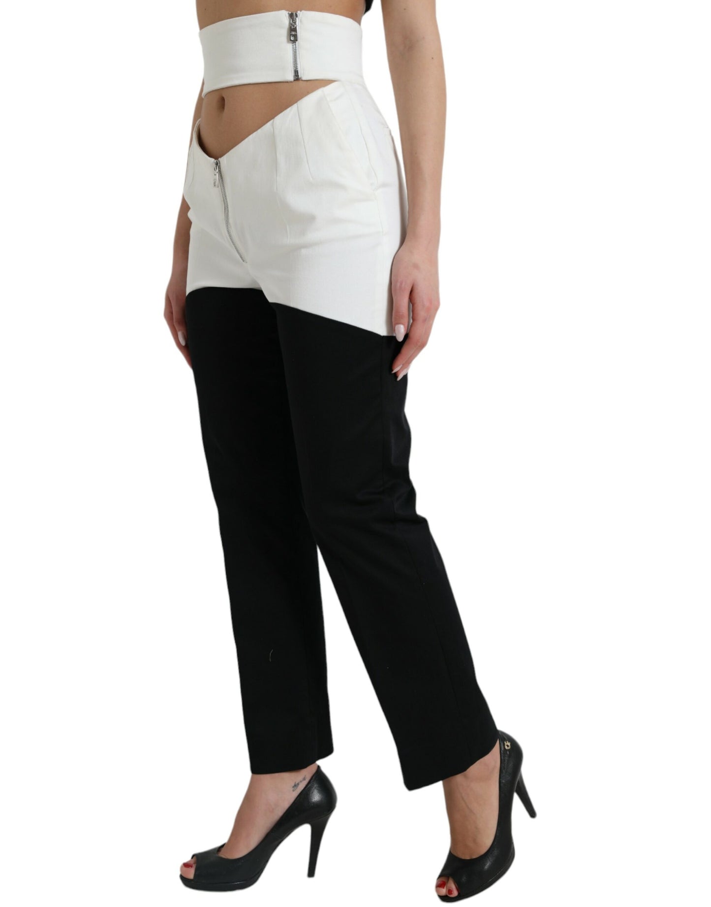 Pantalon fuselé en coton noir et blanc Dolce & Gabbana avec découpes à la taille