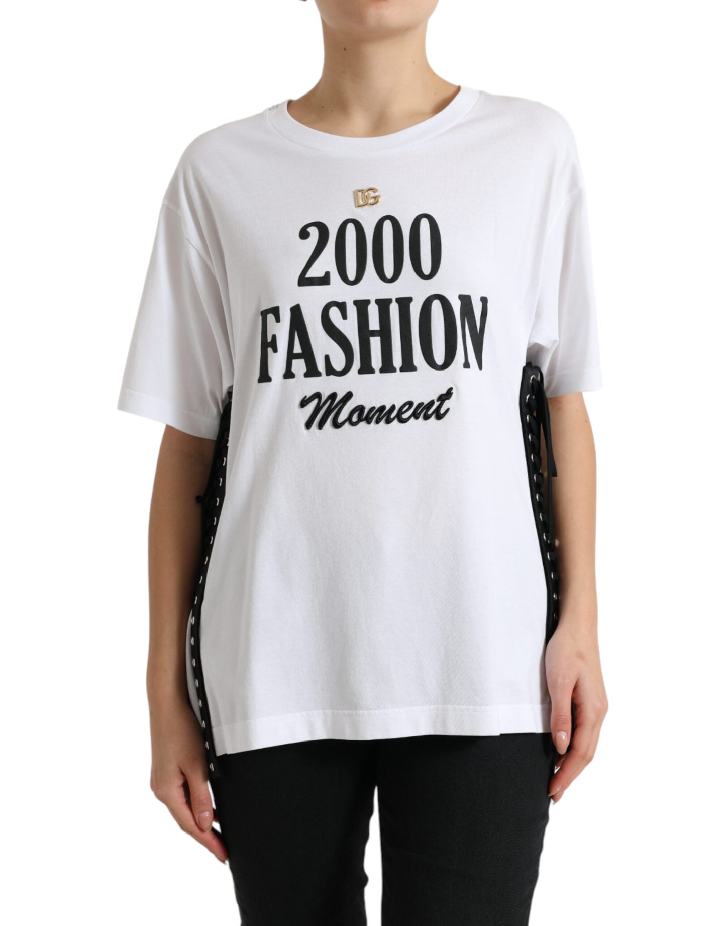 Dolce & Gabbana – Weißes T-Shirt mit Slogan-Print und Schnürung