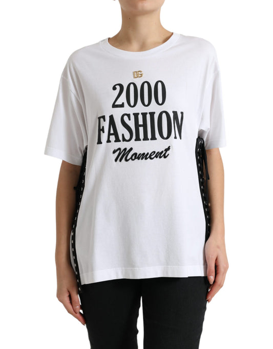 Dolce & Gabbana – Weißes T-Shirt mit Slogan-Print und Schnürung