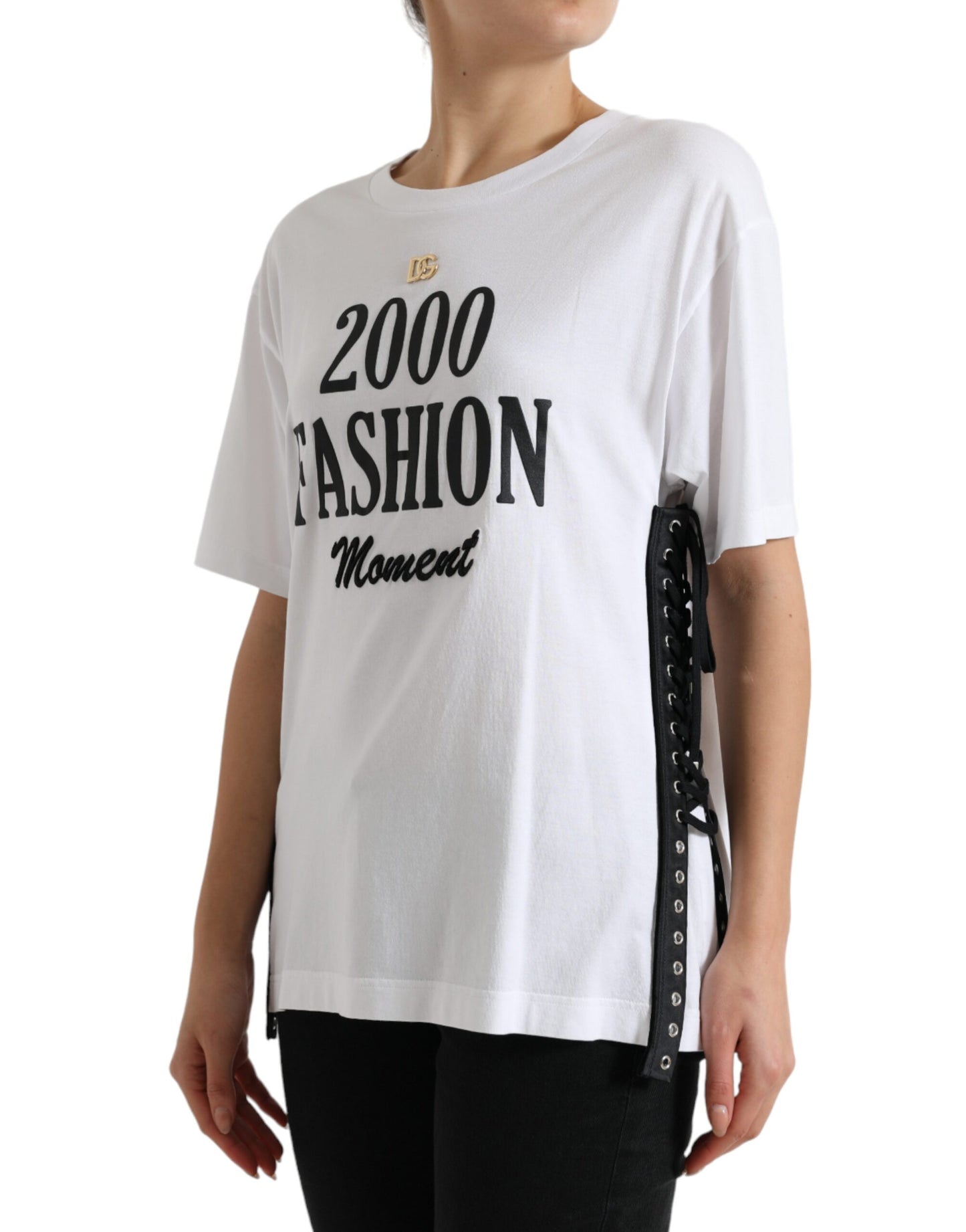 Dolce & Gabbana – Weißes T-Shirt mit Slogan-Print und Schnürung