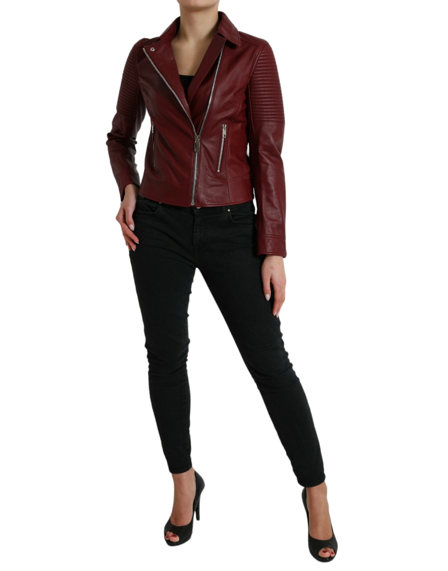 Dolce & Gabbana Manteau motard en cuir bordeaux Veste en cuir d'agneau