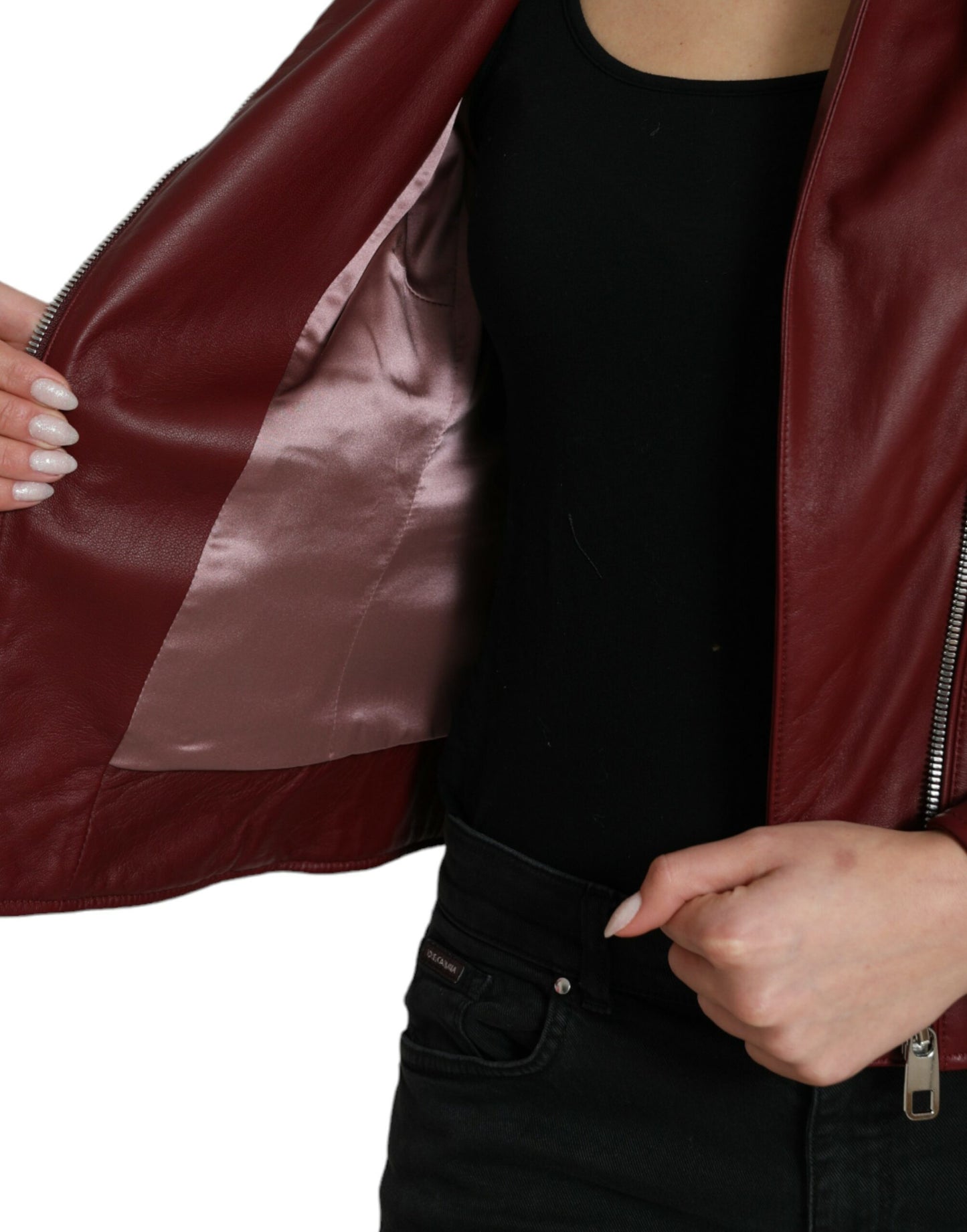 Dolce & Gabbana Manteau motard en cuir bordeaux Veste en cuir d'agneau