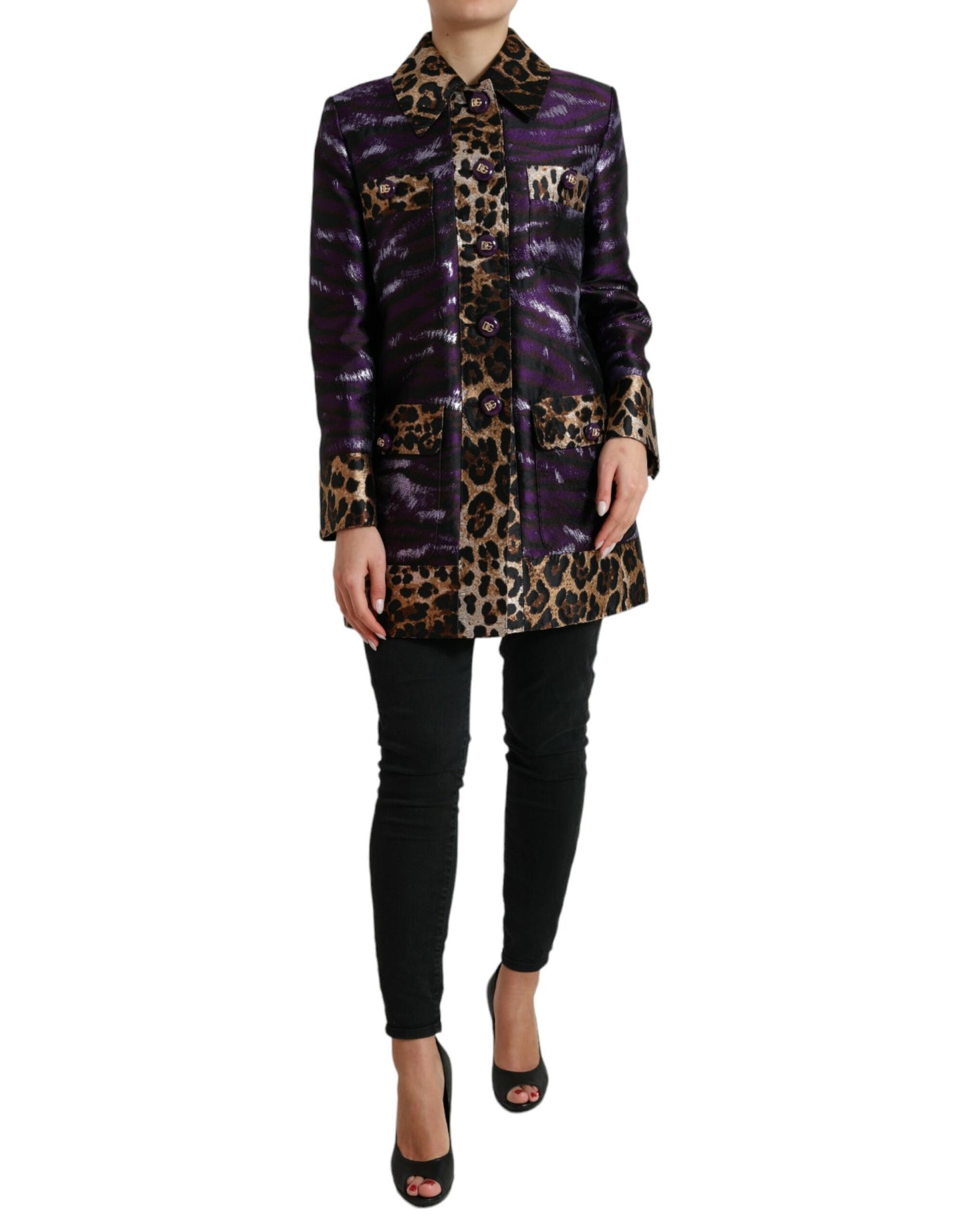 Dolce & Gabbana Lila Lamé-Jacquard-Manteljacke mit Tigermuster