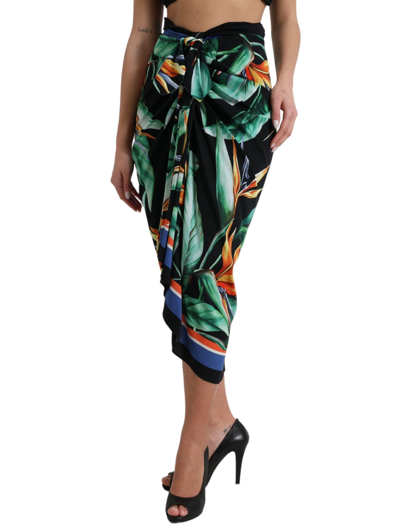 Jupe portefeuille mi-longue taille haute noire Strelitzia de Dolce & Gabbana