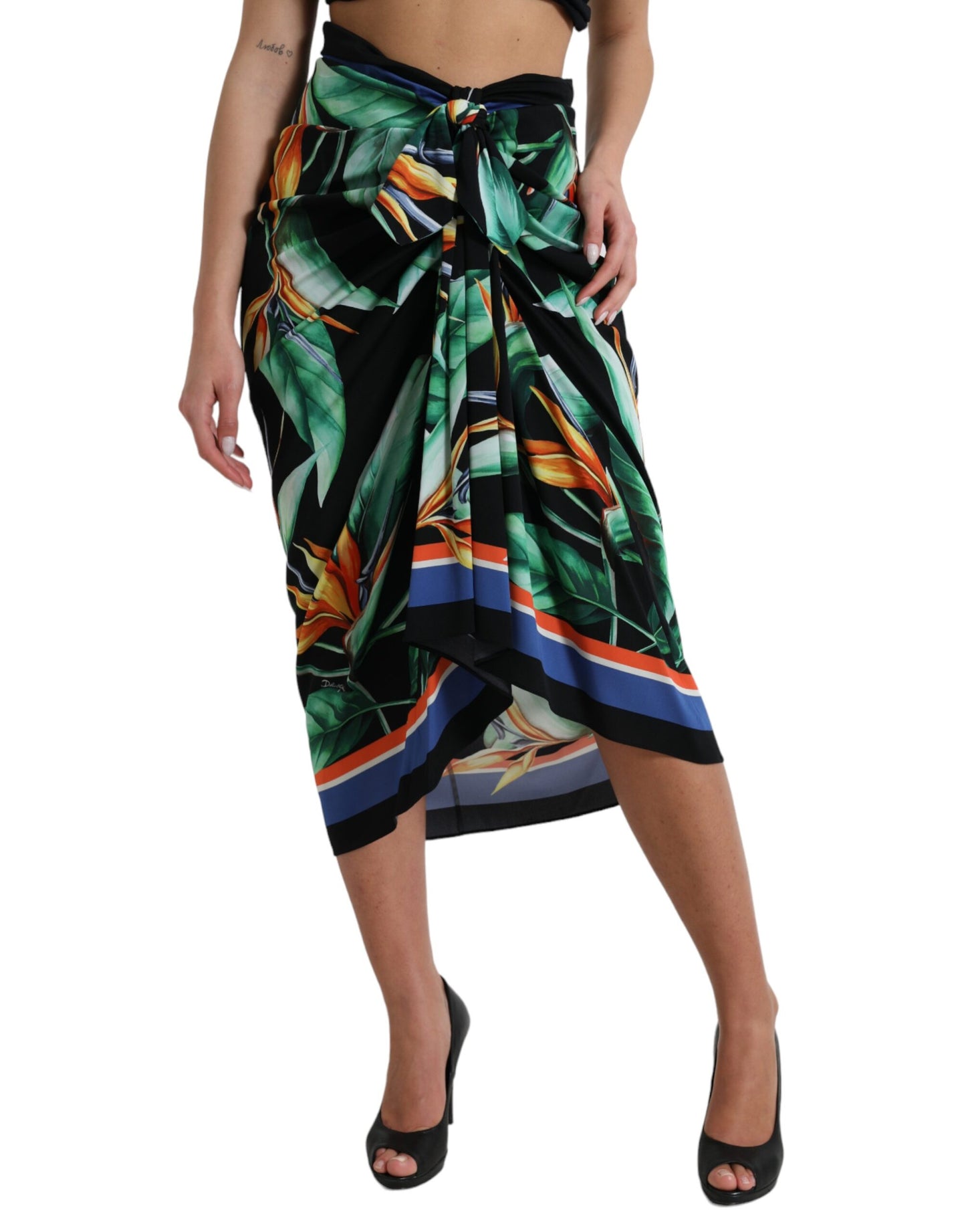 Jupe portefeuille mi-longue taille haute noire Strelitzia de Dolce & Gabbana