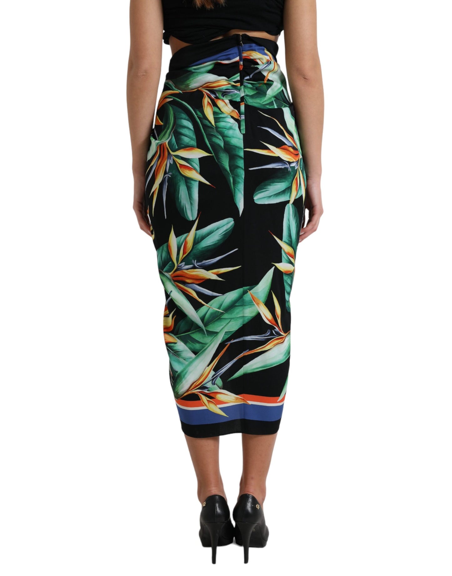 Jupe portefeuille mi-longue taille haute noire Strelitzia de Dolce & Gabbana