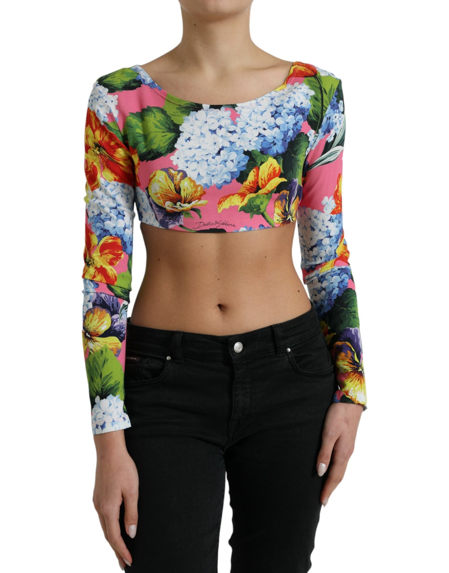Dolce & Gabbana – Mehrfarbiges, langärmliges Crop-Top mit Blumenmuster