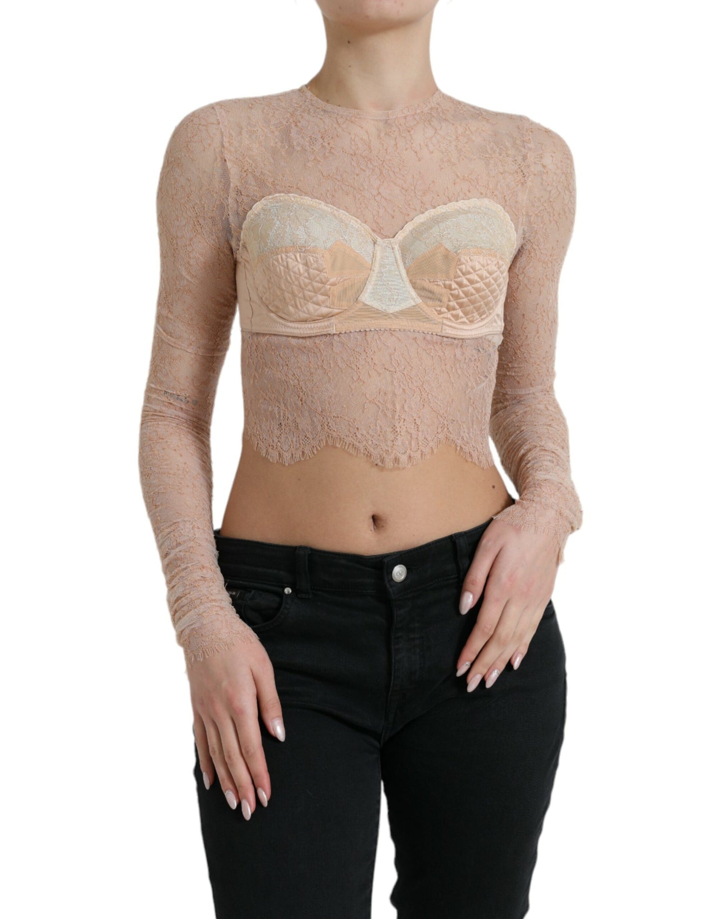 Dolce & Gabbana Haut court bustier en nylon beige et dentelle florale