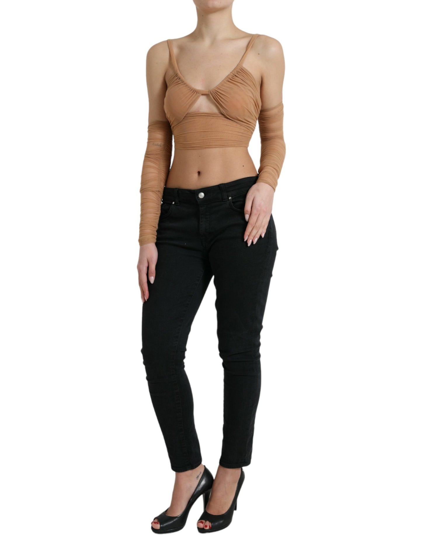 Haut court à épaules dénudées en nylon stretch marron Dolce & Gabbana