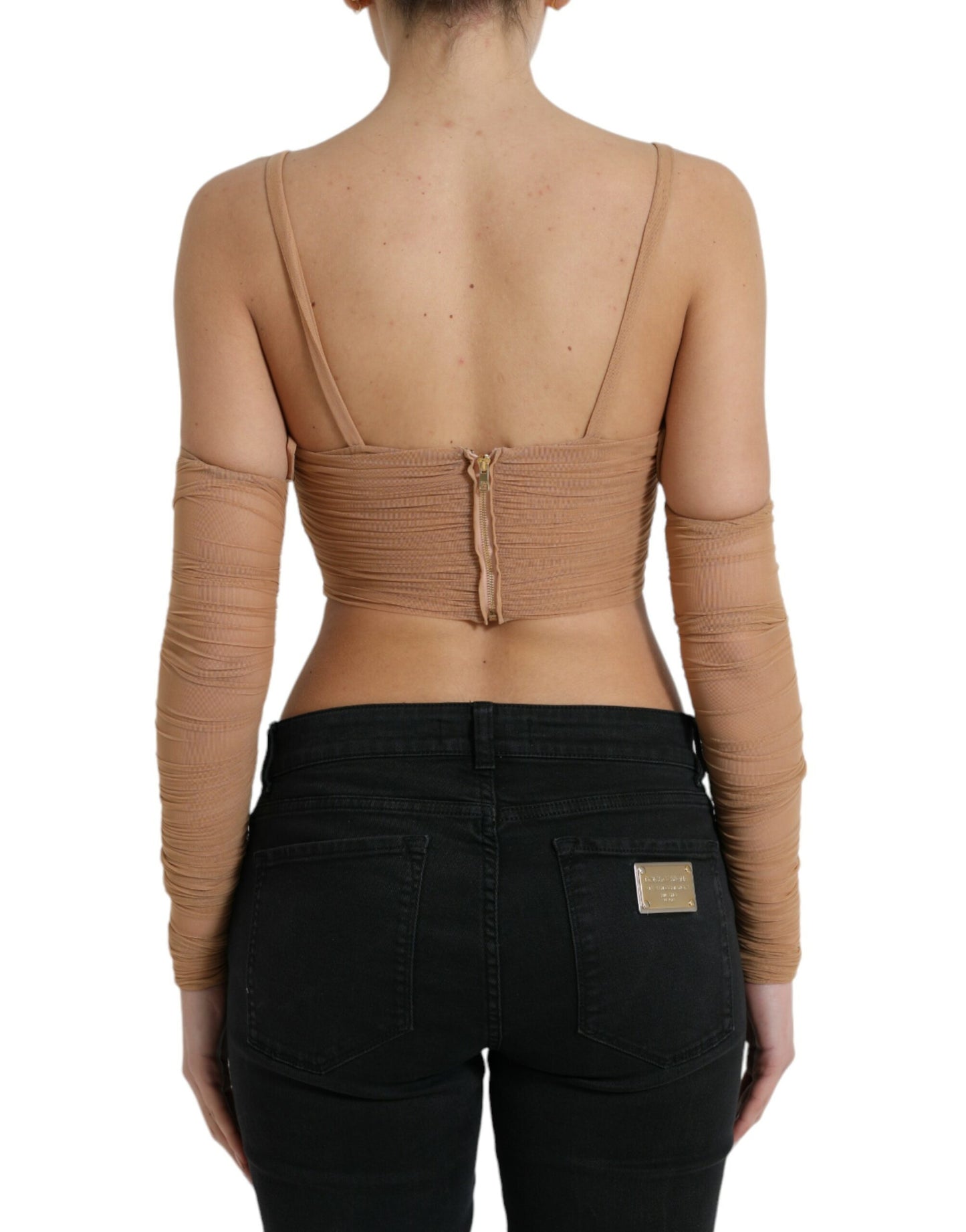 Haut court à épaules dénudées en nylon stretch marron Dolce & Gabbana