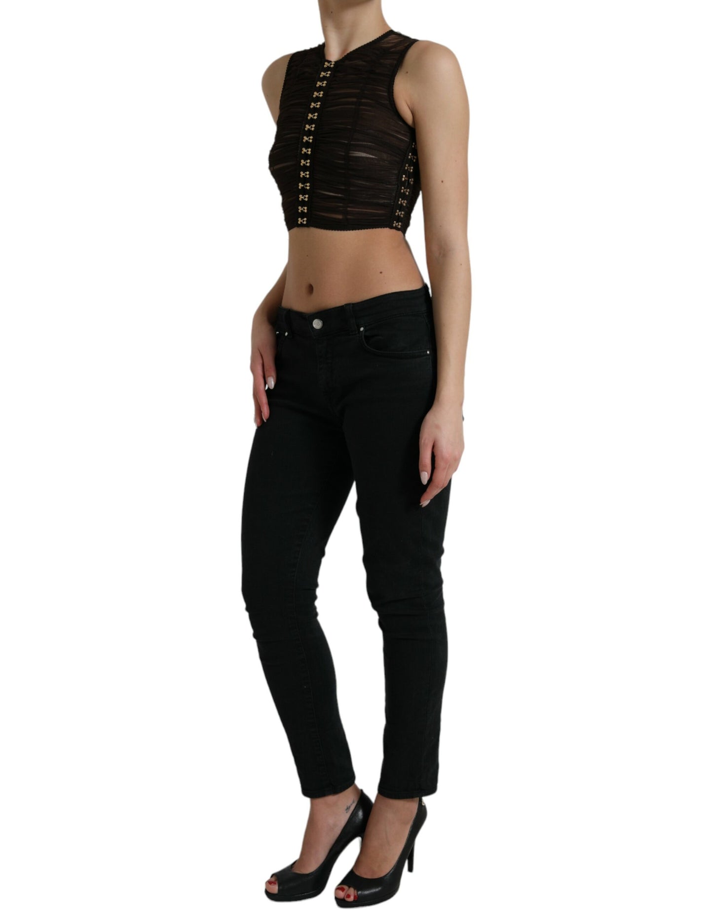 Haut court en nylon stretch marron à ornements Dolce & Gabbana