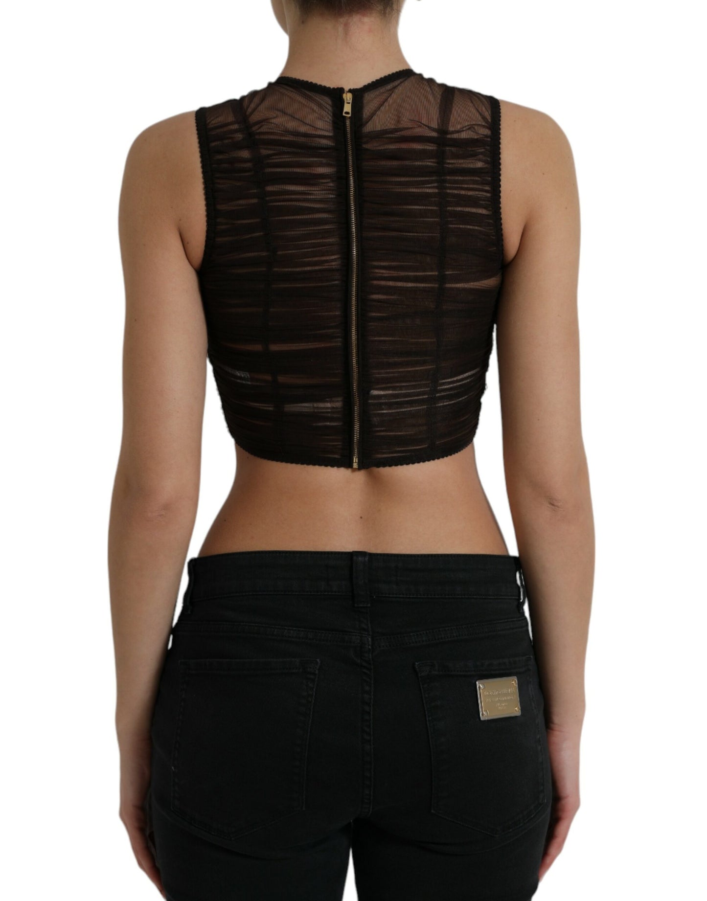 Haut court en nylon stretch marron à ornements Dolce & Gabbana