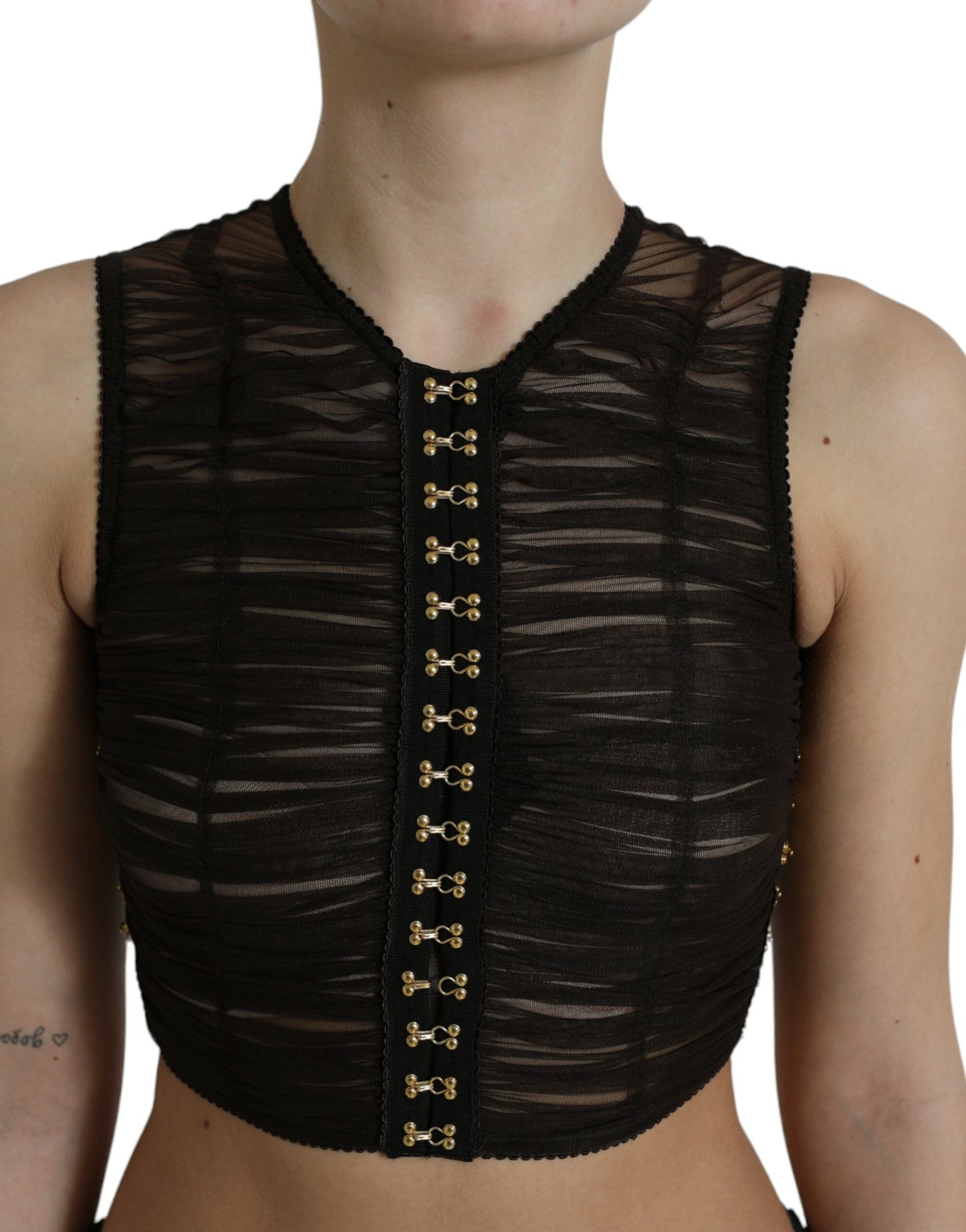 Haut court en nylon stretch marron à ornements Dolce & Gabbana