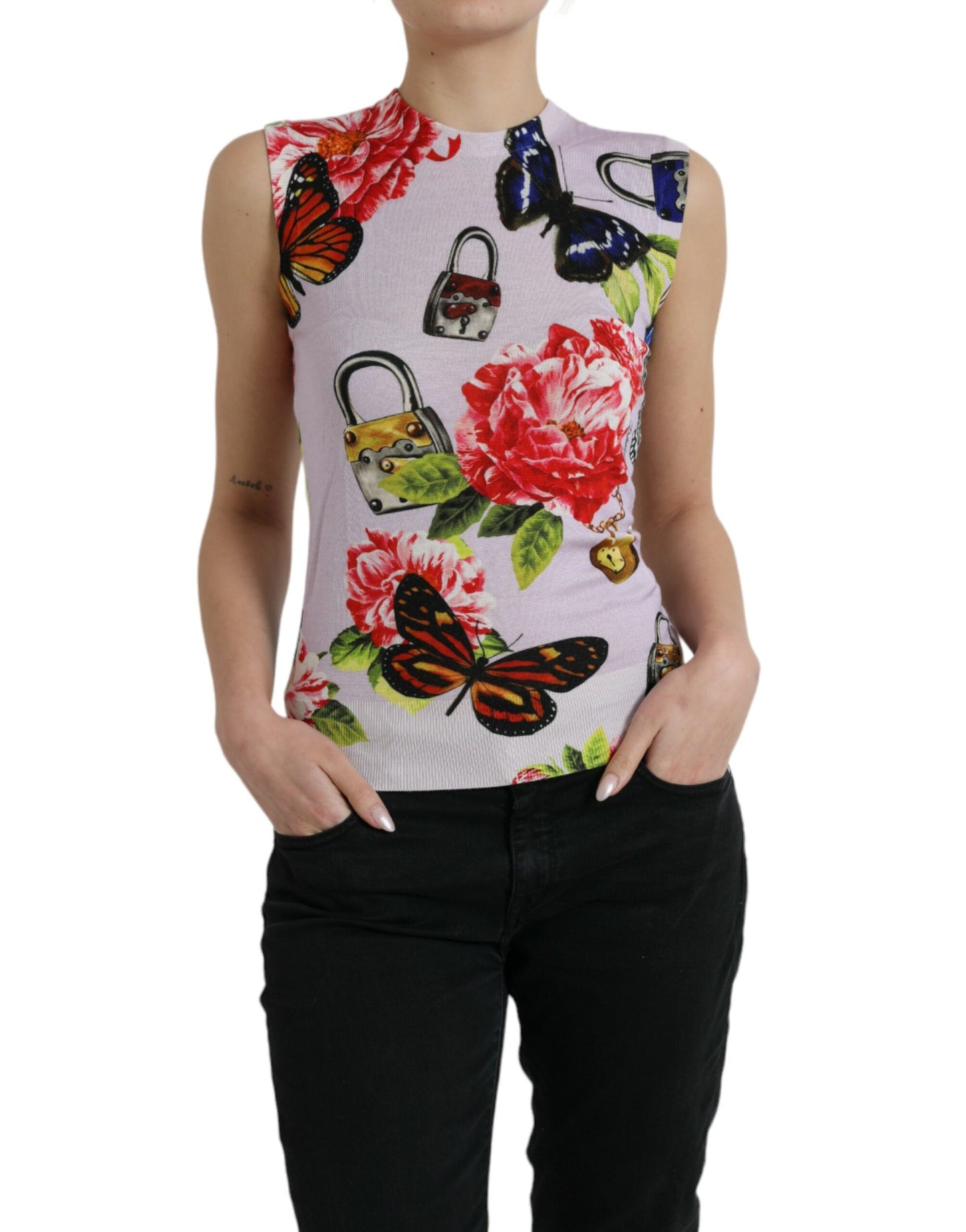 Dolce & Gabbana Tanktop mit mehrfarbigem Blumenmuster und Vorhängeschloss und Schmetterling