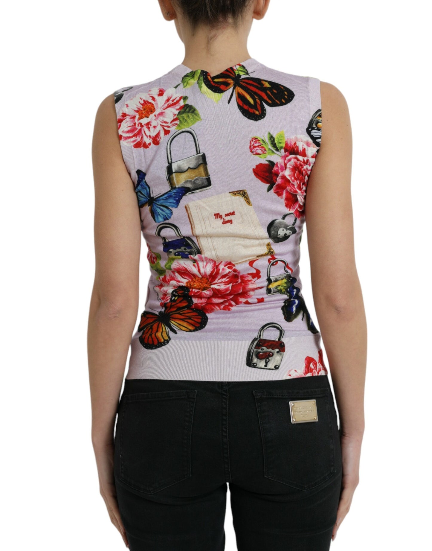 Dolce & Gabbana Tanktop mit mehrfarbigem Blumenmuster und Vorhängeschloss und Schmetterling