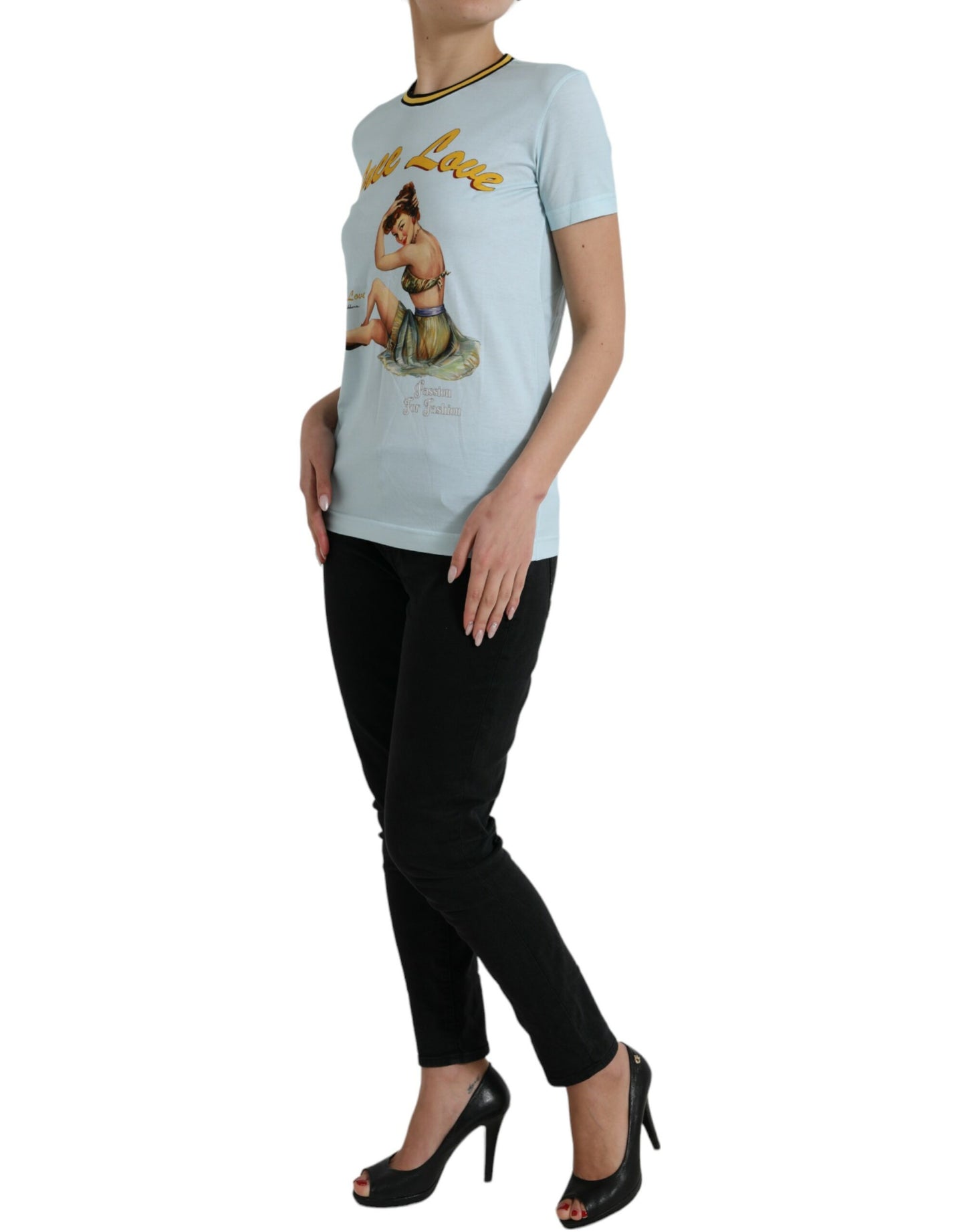 Dolce & Gabbana – Hellblaues T-Shirt „Free Love“ aus Baumwolle mit Rundhalsausschnitt