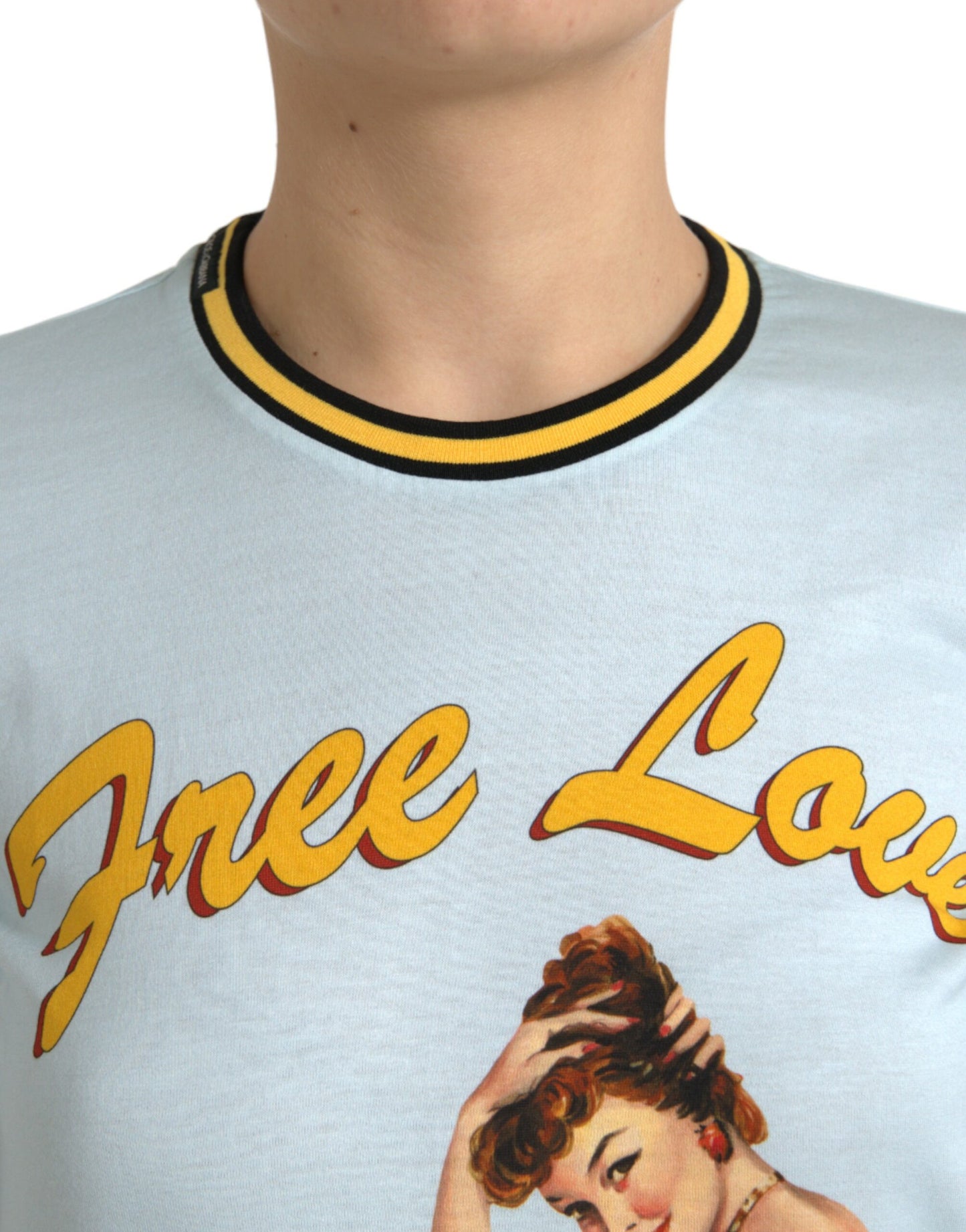 Dolce & Gabbana – Hellblaues T-Shirt „Free Love“ aus Baumwolle mit Rundhalsausschnitt