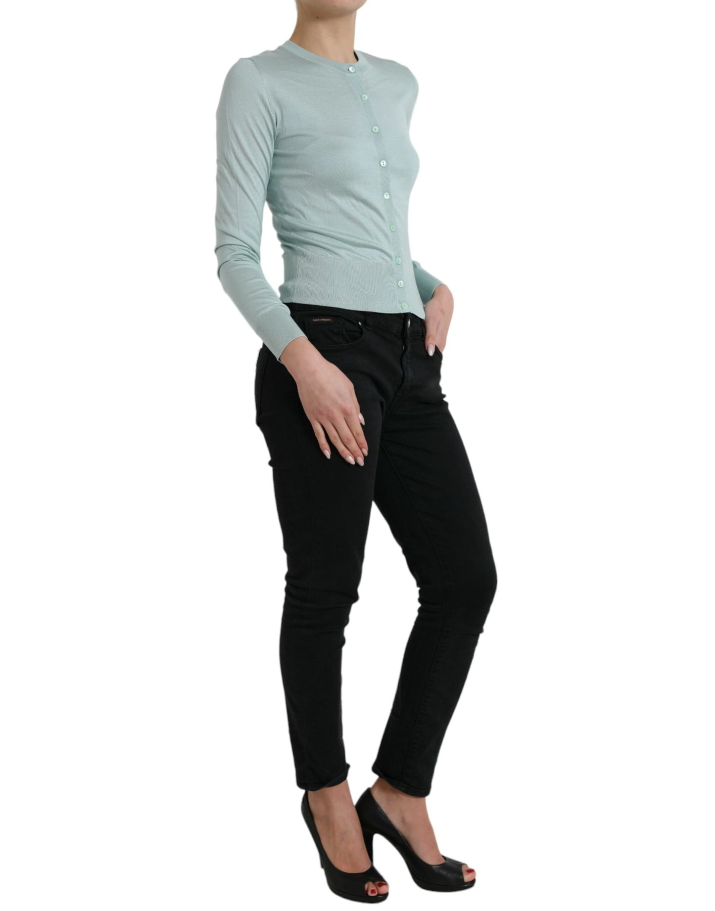 Pull cardigan à col rond en soie bleu clair Dolce & Gabbana