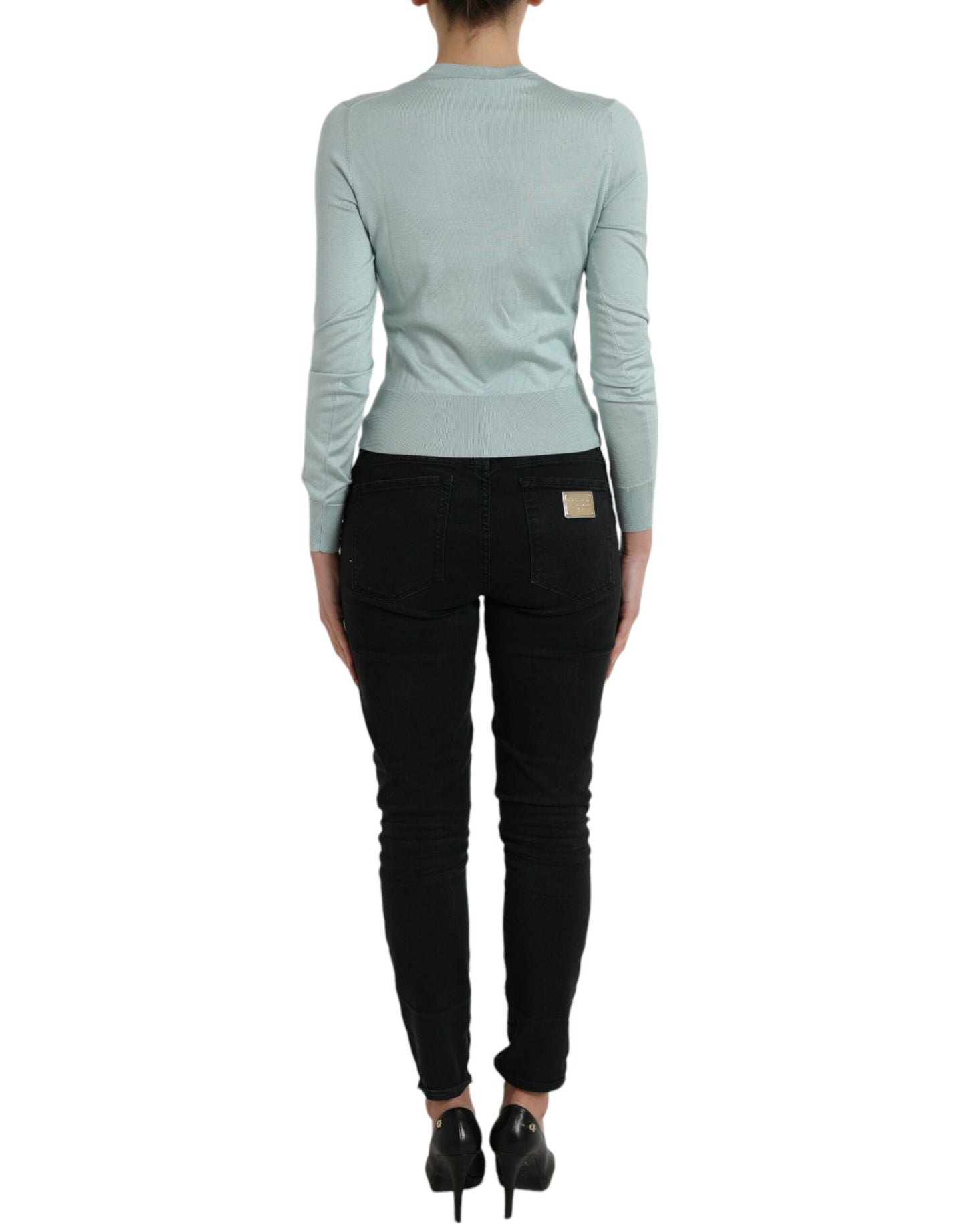 Pull cardigan à col rond en soie bleu clair Dolce & Gabbana