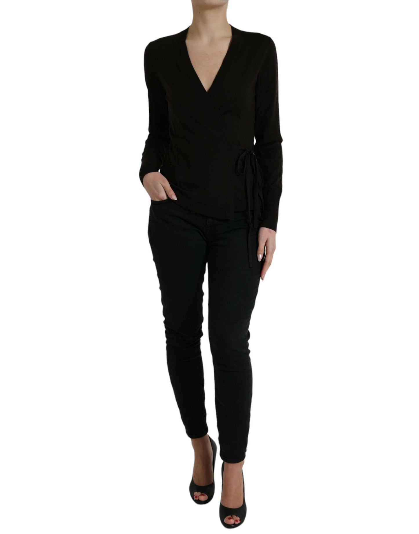 Pull cardigan croisé à col en V en laine noire Dolce & Gabbana
