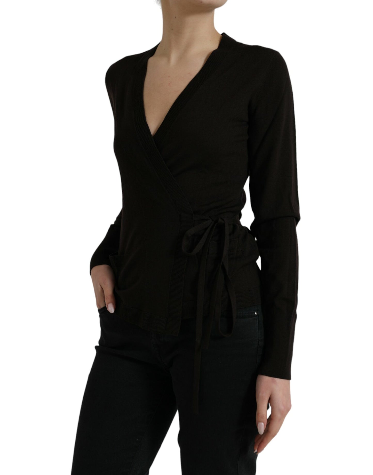 Pull cardigan croisé à col en V en laine noire Dolce & Gabbana