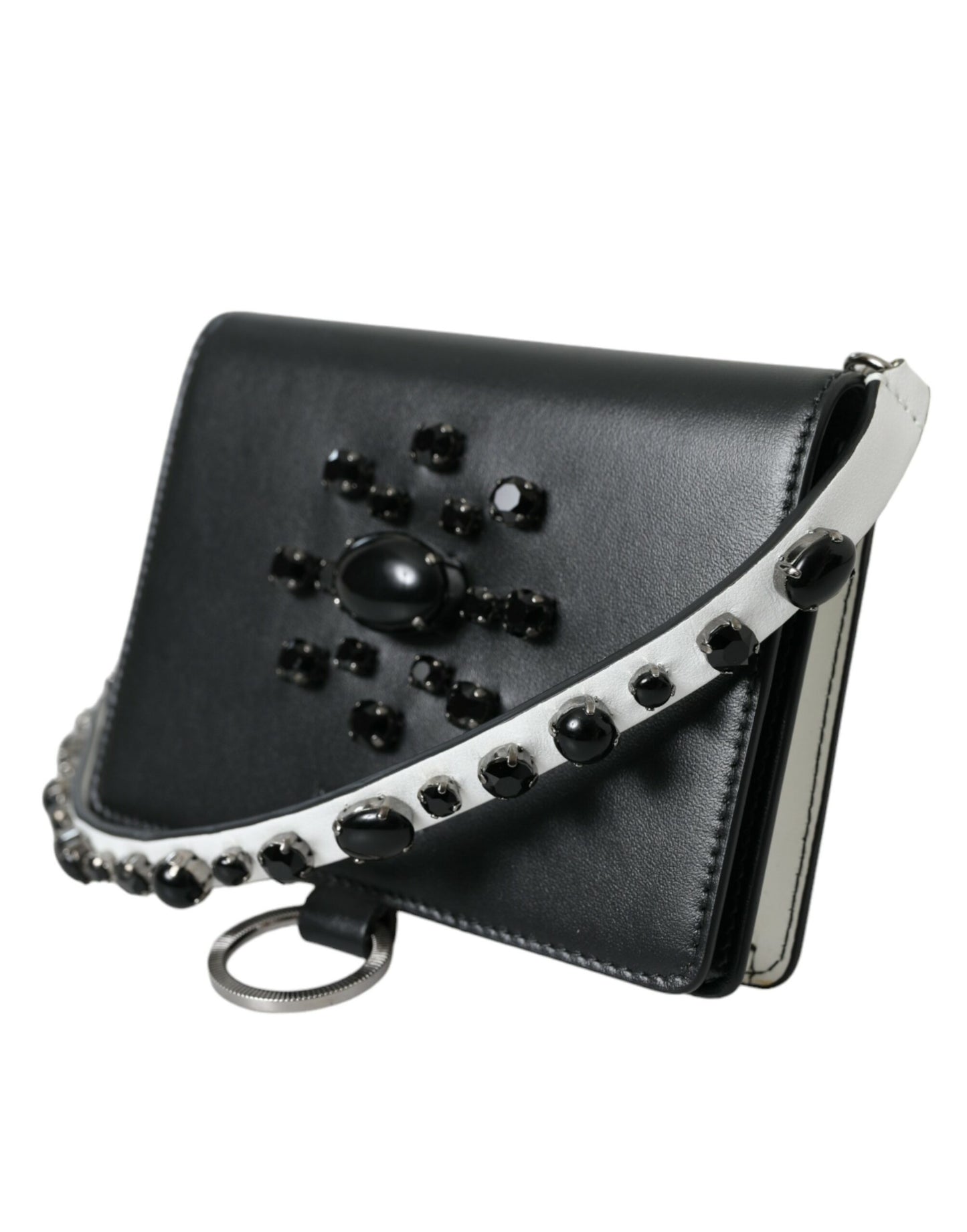 Portefeuille porte-cartes Dolce & Gabbana en cuir noir et blanc orné de cristaux