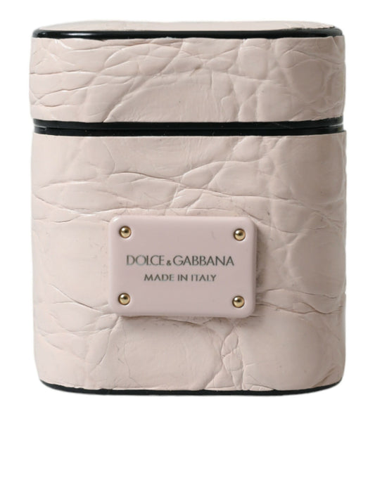 Étui pour Airpods Dolce & Gabbana en cuir de veau rose clair avec plaque métallique et logo