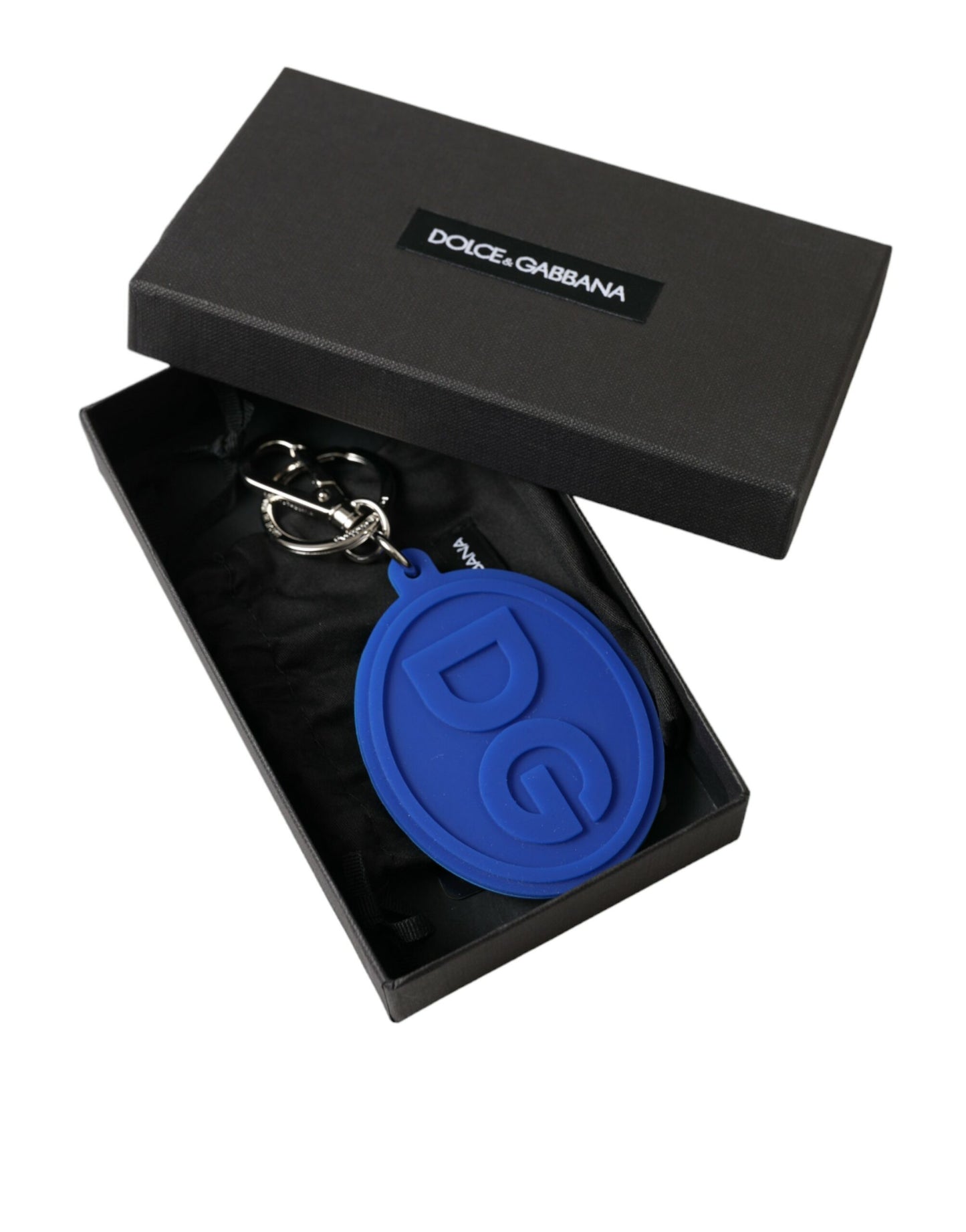 Porte-clés Dolce & Gabbana en caoutchouc bleu avec logo DG en laiton argenté