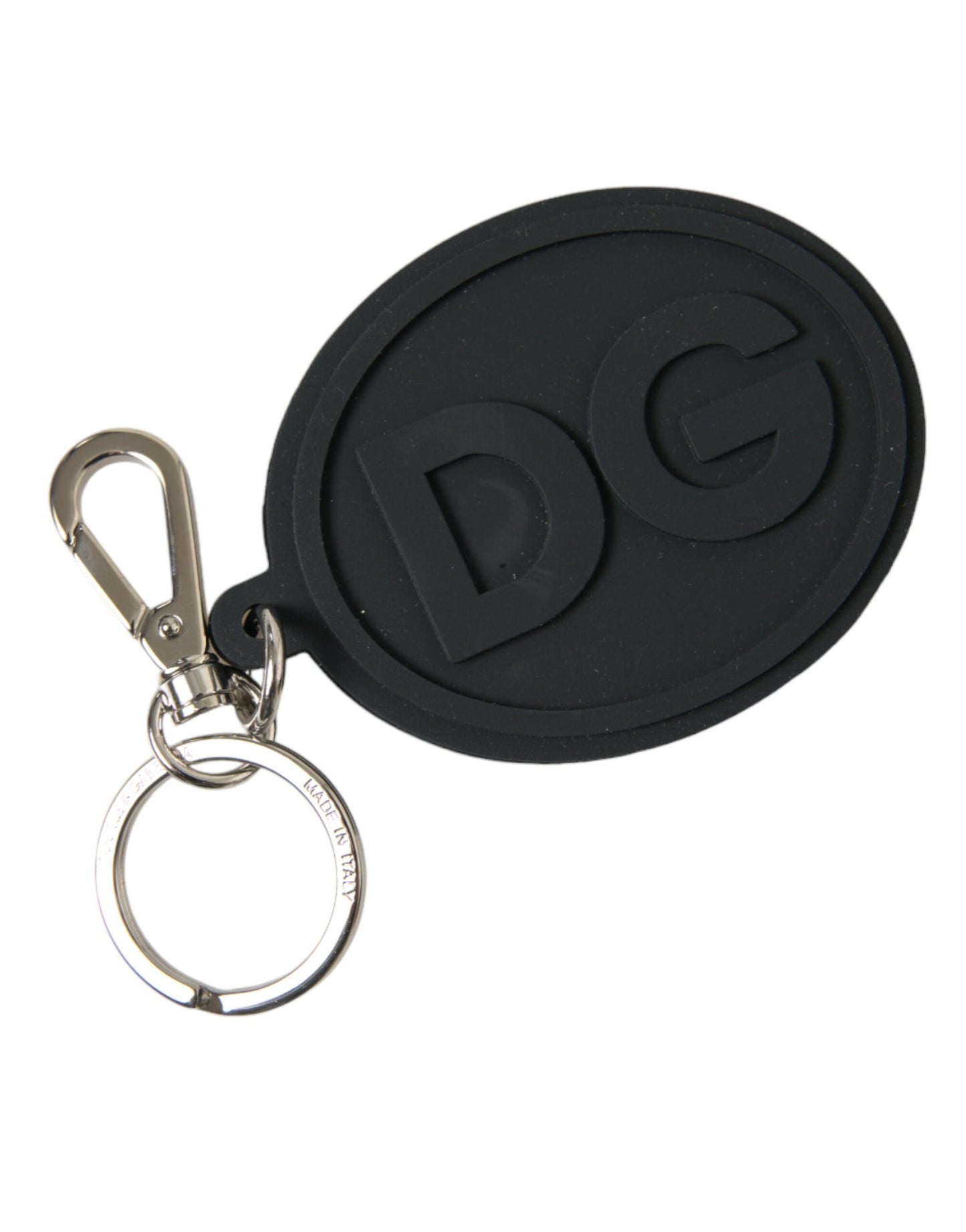 Dolce & Gabbana Schlüsselanhänger mit DG-Logo aus schwarzem Gummi und silbernem Messing