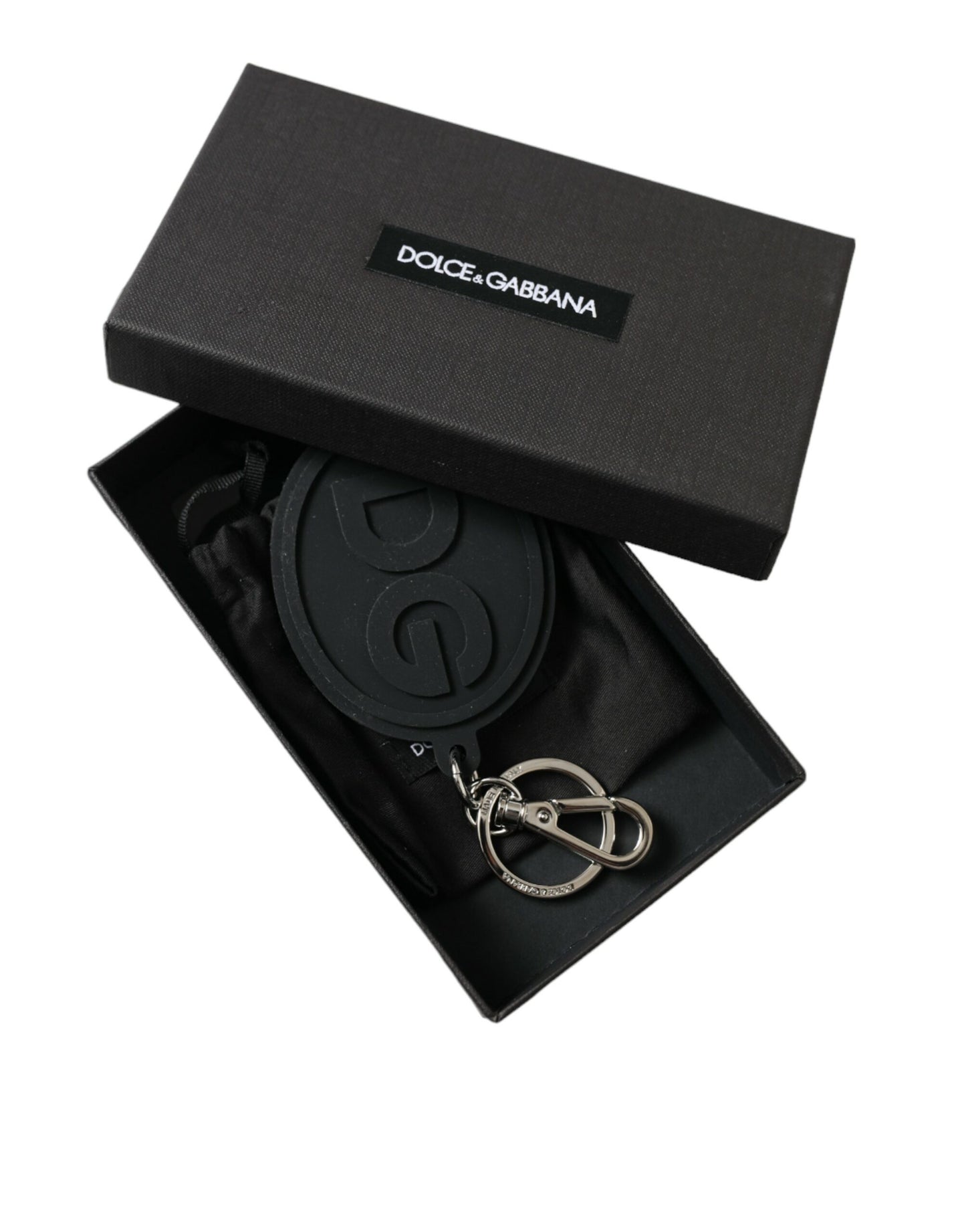 Dolce & Gabbana Schlüsselanhänger mit DG-Logo aus schwarzem Gummi und silbernem Messing