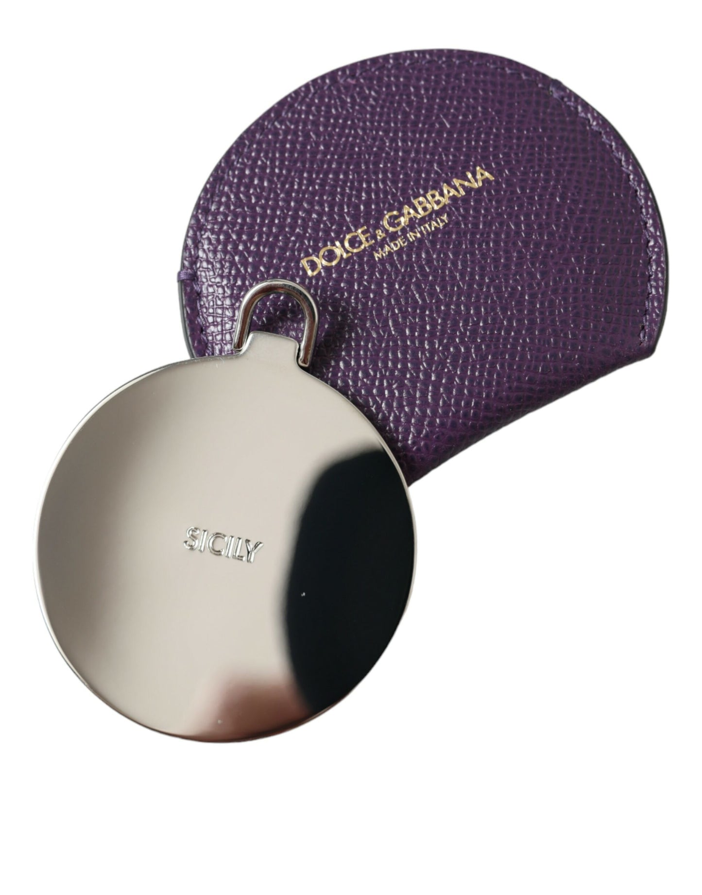 Porte-miroir à main rond en cuir de veau violet Dolce & Gabbana avec logo
