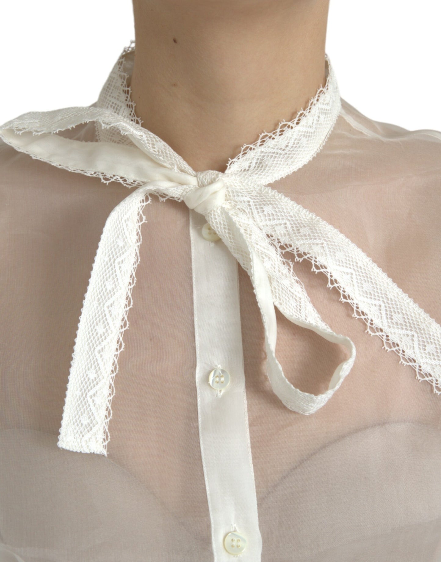 Dolce & Gabbana – Langärmliges Oberteil mit Ascot-Kragen aus weißer Seide