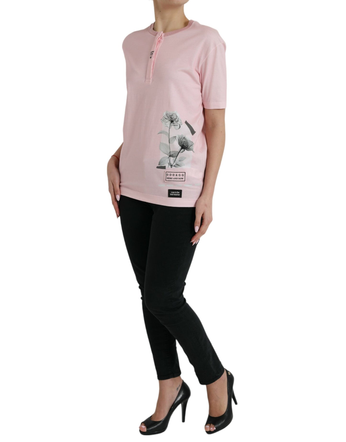 Dolce & Gabbana – Rosafarbenes T-Shirt aus Baumwolle mit kurzen Ärmeln und Blumendruck