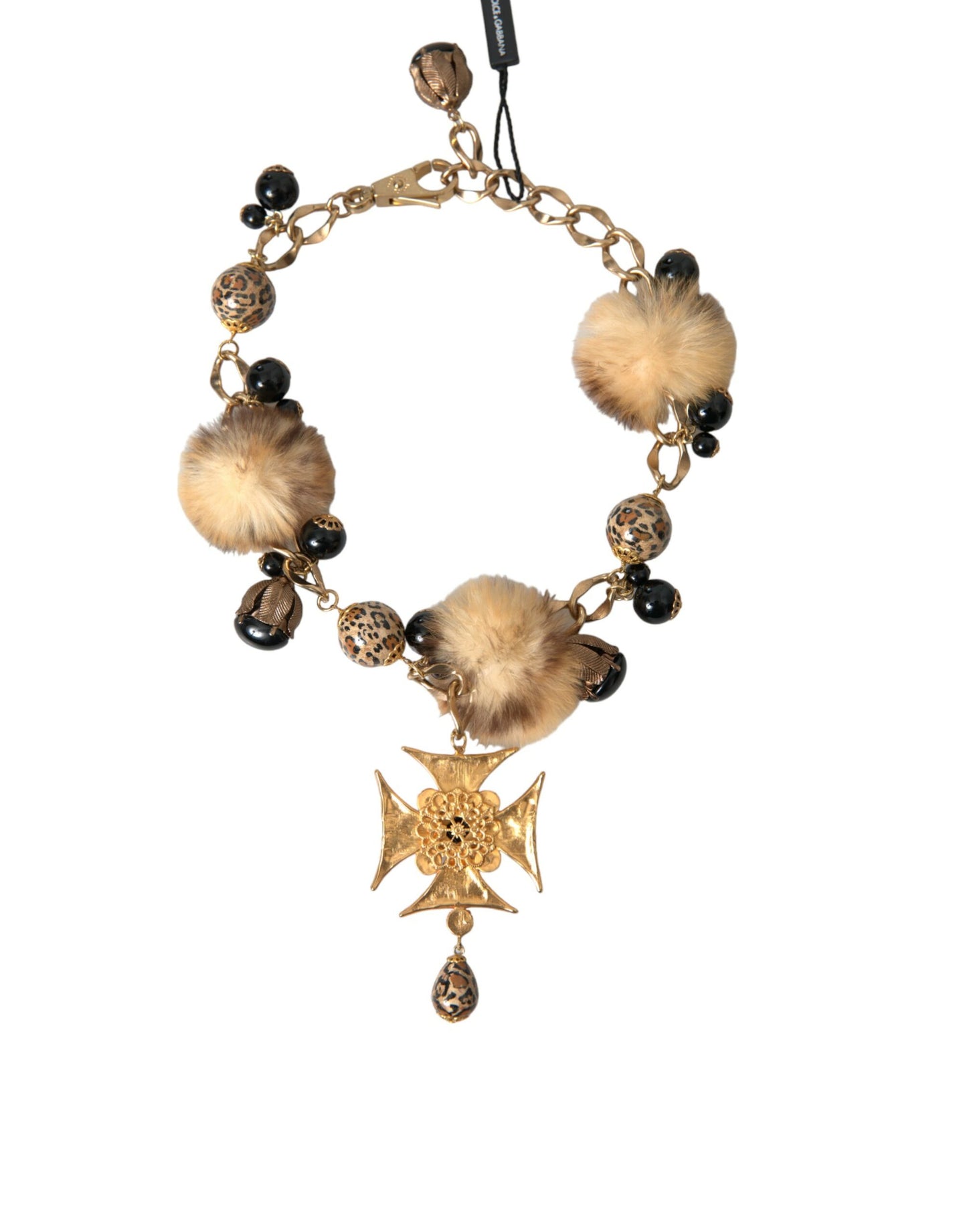 Collier ras du cou Dolce & Gabbana en filigrane de fourrure de lapin avec cristaux noirs et dorés