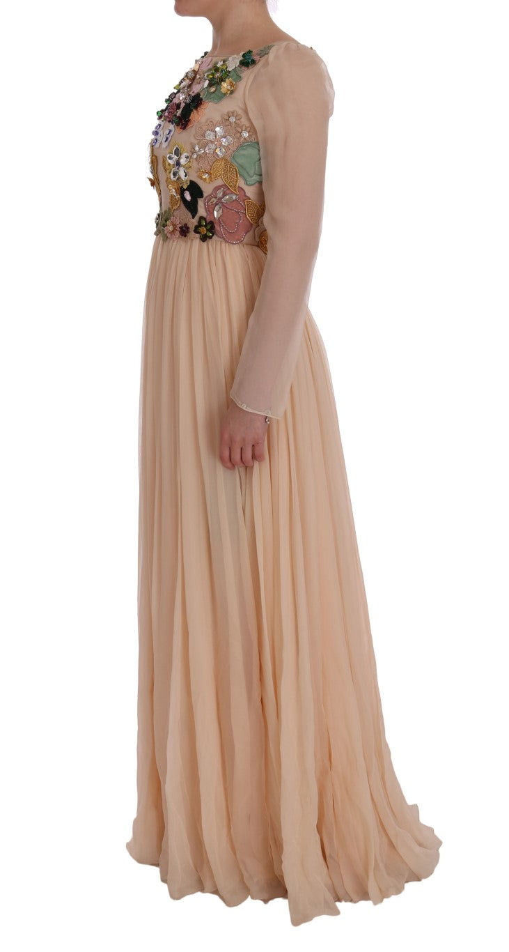 Robe longue en soie rose à fleurs et cristaux Dolce & Gabbana