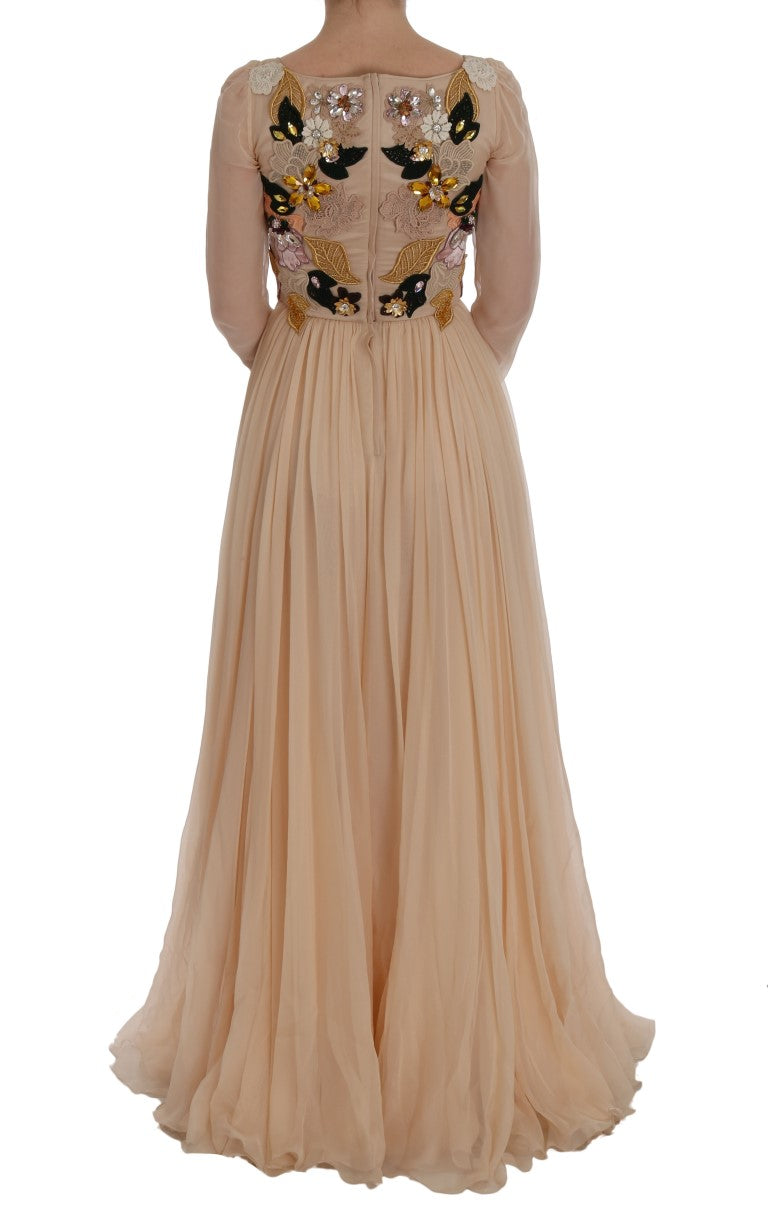 Robe longue en soie rose à fleurs et cristaux Dolce & Gabbana