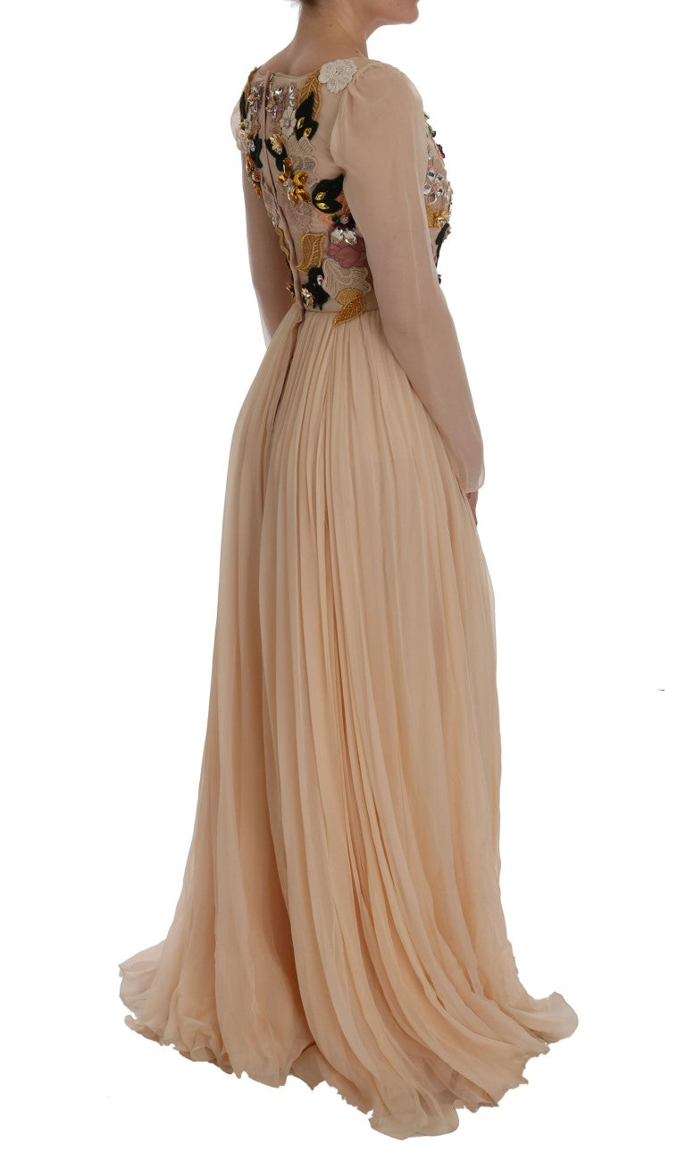 Robe longue en soie rose à fleurs et cristaux Dolce & Gabbana
